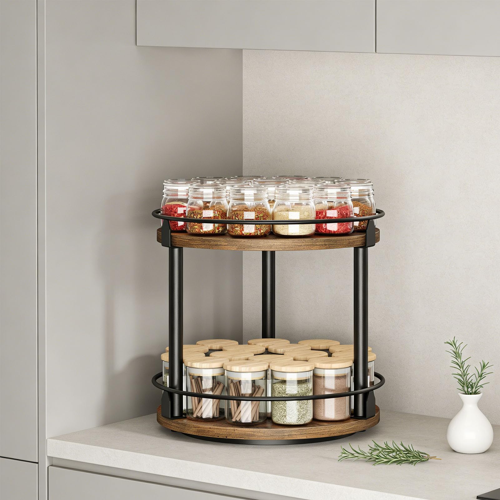 Drewniany, obrotowy stół obrotowy 360°, stojak na przyprawy, 2-poziomowy organizer do przypraw Lazy Susan, oszczędzający miejsce obrotowy uchwyt na blat kuchenny, szafkę i