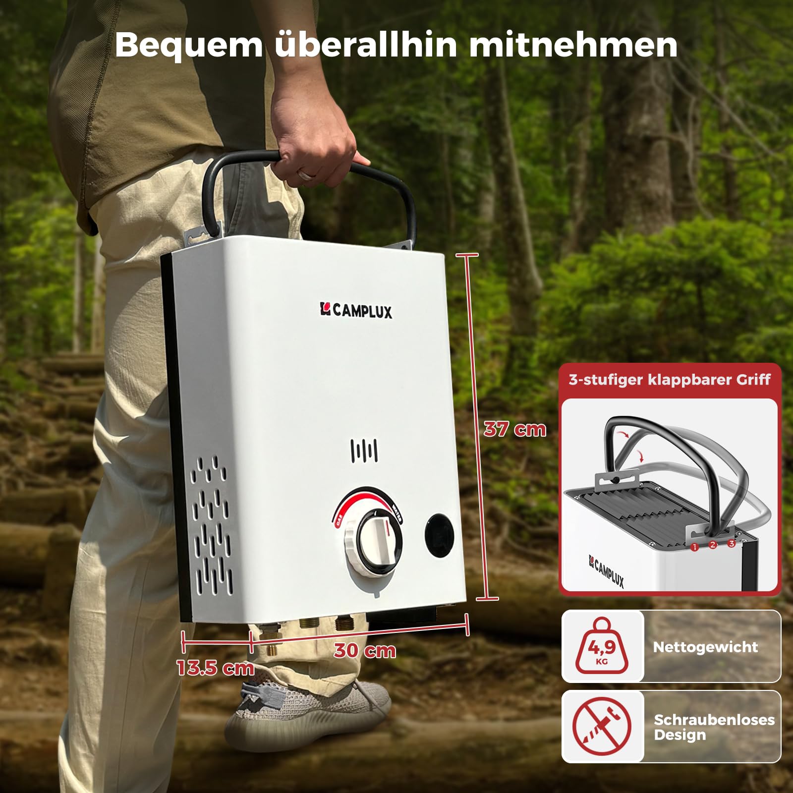 CAMPLUX First Gasdurchlauferhitzer 5 Liter mit Griff, LPG, 50mbar, für Wohnmobilausflug/Campingdusche, F5-DE