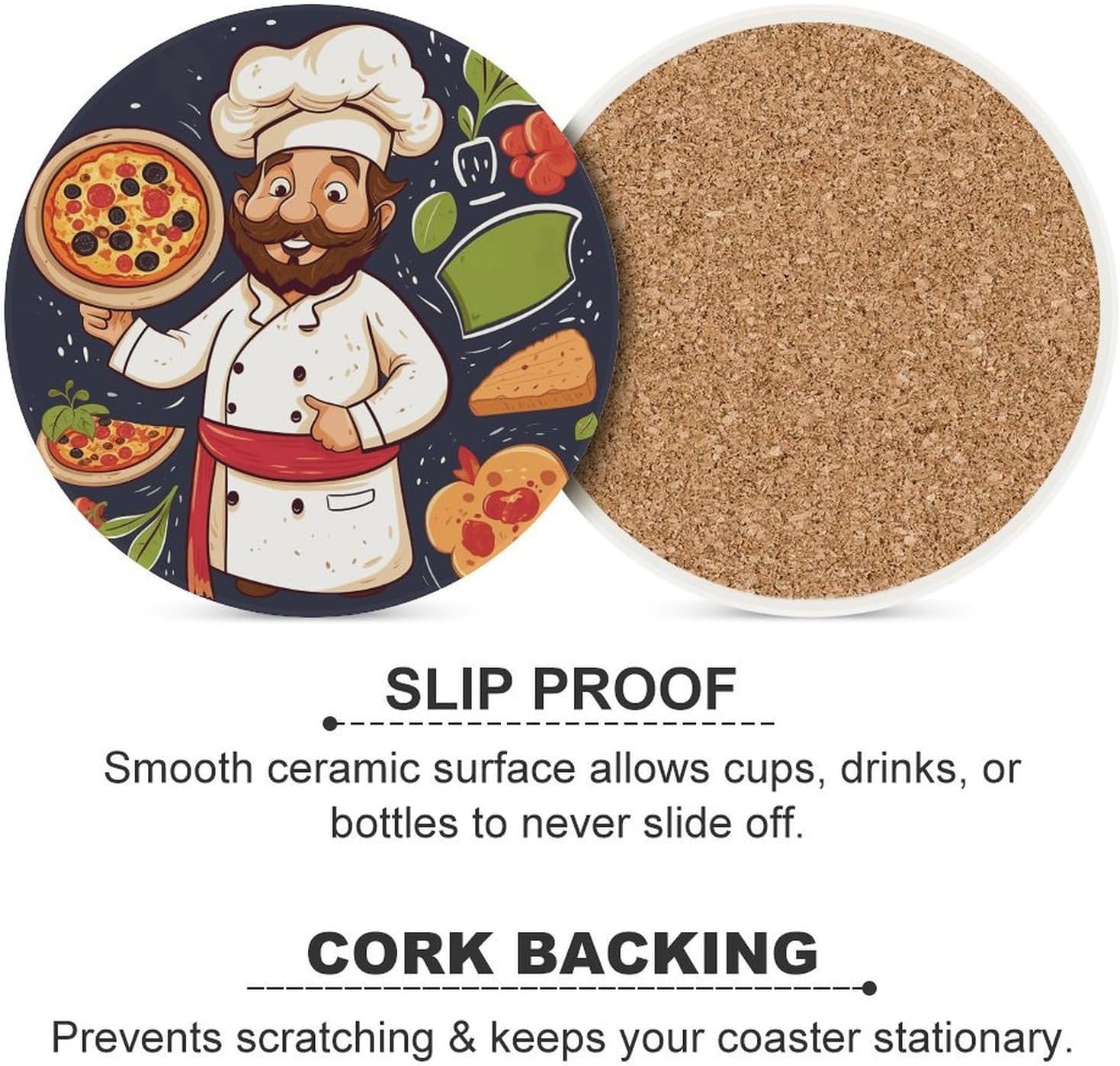 Chef Pizza Coaster with Cork Base Drink Coasters for Coffee Table Decor Modern Cup Coasters with Non-Slip & Heat-Resistant Cute Ceramic Table Coaster for Home Dining