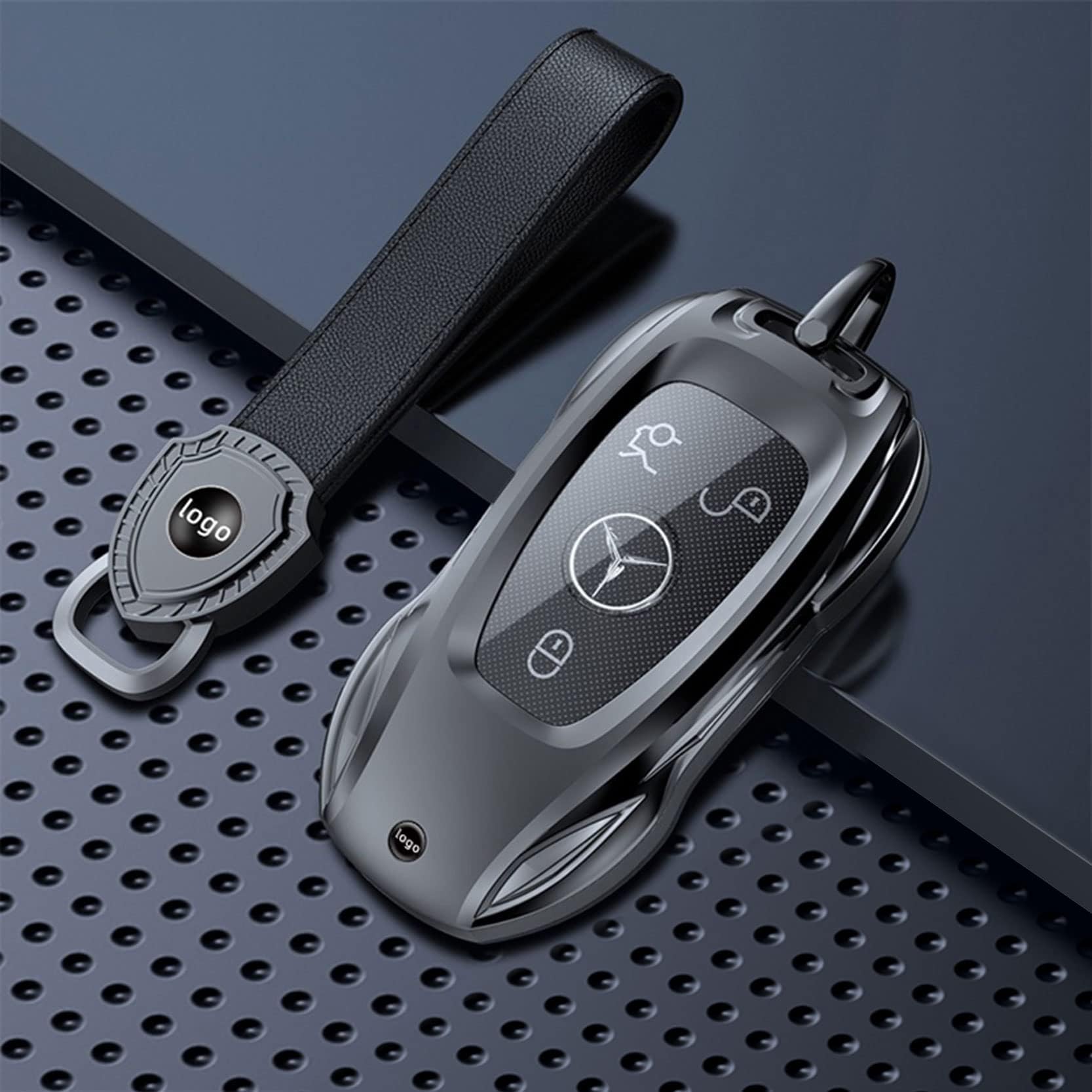 IUIU Key Fob Cover Metal Black with Leather Keychain, Compatible with Mercedes Benz AMG GT, C E S M R CLA CLS GLA GLC GLE GLK GLS SLC SLK SL GL CL Class (B Style)