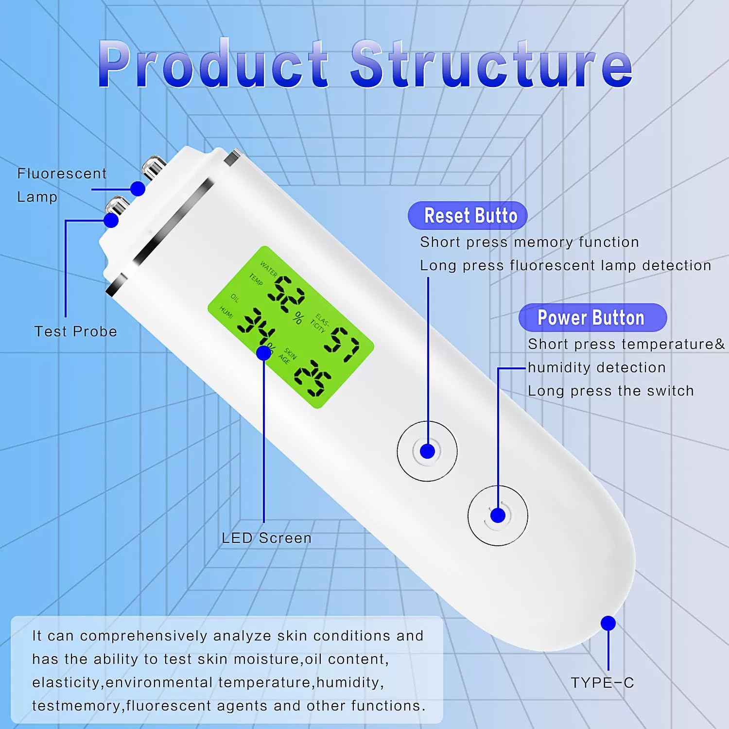Tester di idratazione per la pelle, tester di umidità ricaricabile LCD digitale Display tester per la pelle Contenuto della pelle Analyzer Strumento per la cura del viso per il salone di bellezza,