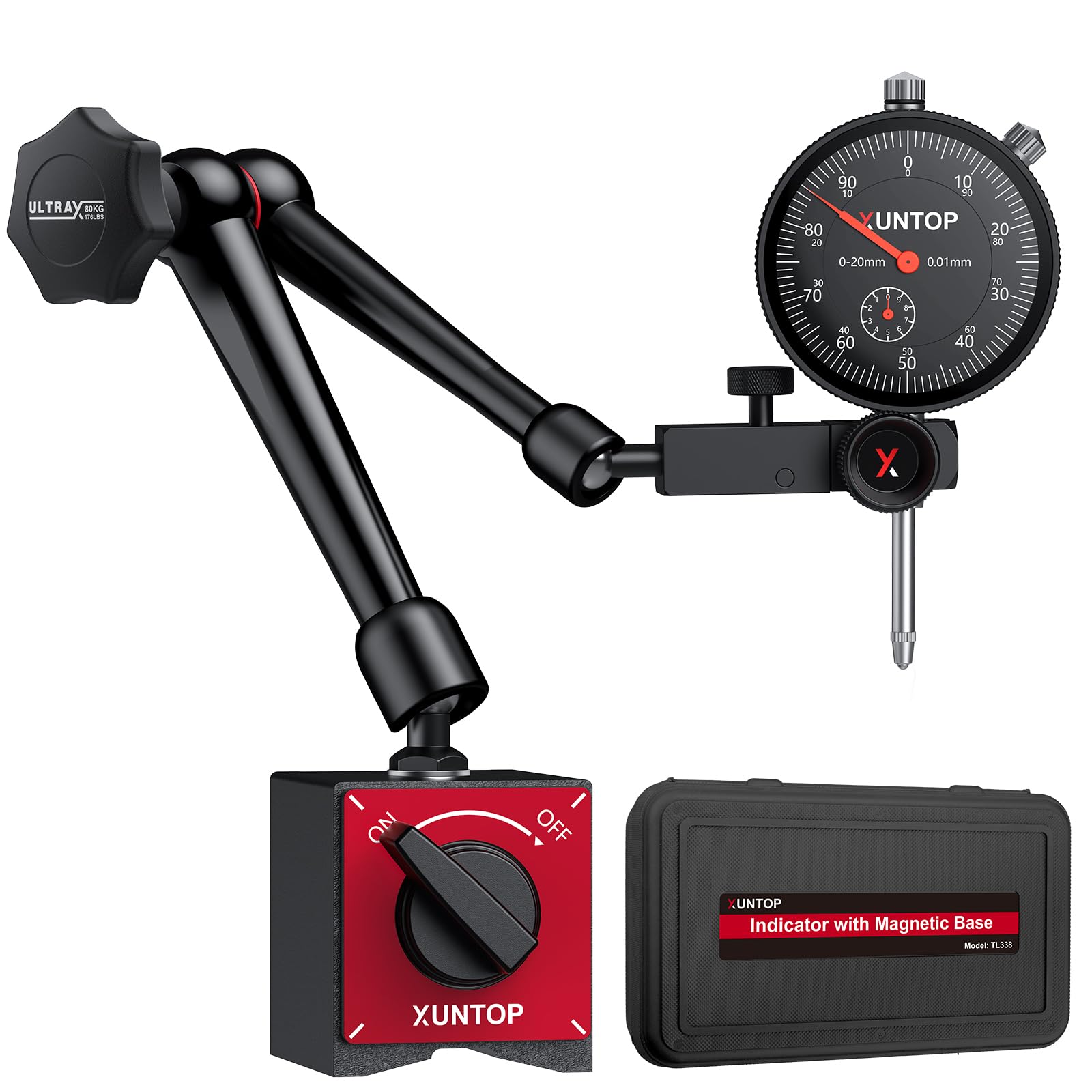 XUNTOP Reloj comparador de precisión con soporte magnético, 176 lbs/80 kg, fuerza de tracción, 0,01 mm, precisión 0-20 mm, rango de medición mecánico, ideal para laboratorio, taller, impresora 3D