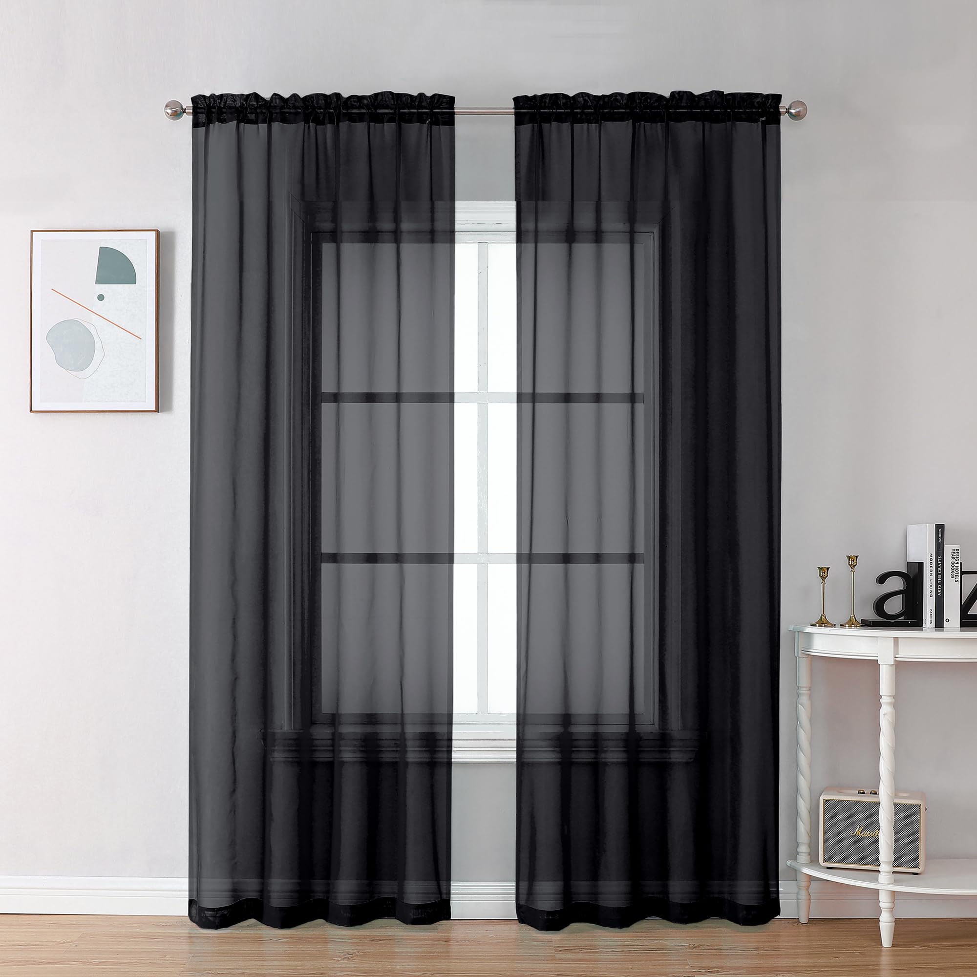 Chyhomenyc Sheer Black Curtains 90 inches Long 2 Panels, Light Filtering Soft Airy Solid Elegant Voile Window Treatment Drapes for Bedroom Living Room Wedding Party Decor, 42 Wx90 L Inches