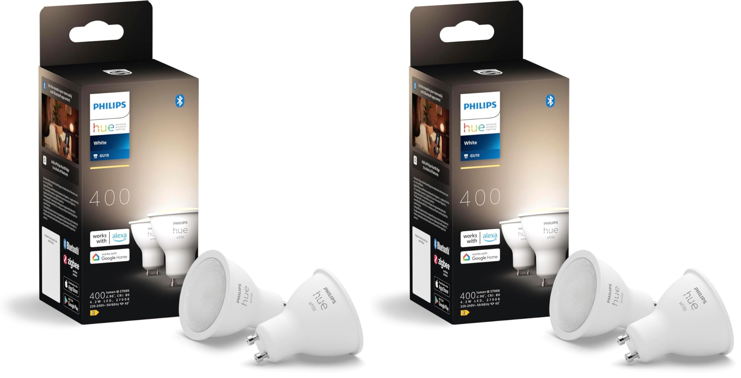 Philips Hue White GU10 LED Spot 2er Pack (400lm), dimmbare LED Lampe für das Hue Lichtsystem mit warmweißem Licht, smarte Lichtsteuerung über Sprache und App
