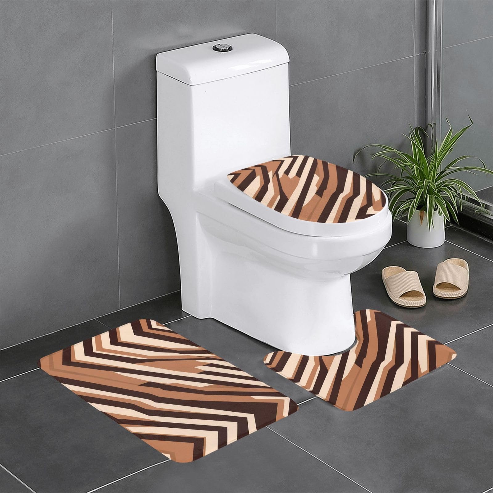 Tapis de salle de bain antidérapants marron lot de 3 pour toilettes et coiffeuse