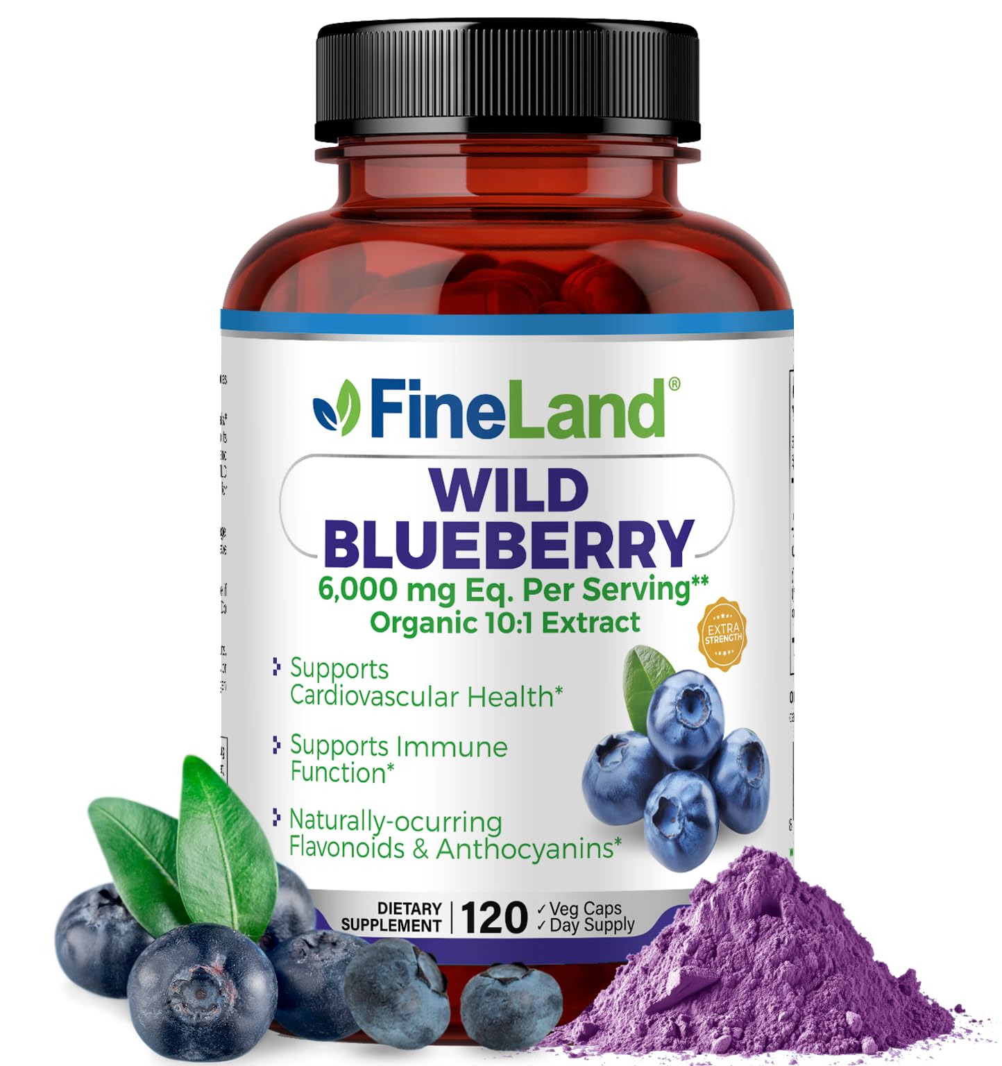 FineLand Wild Blueberry 10:1 Extract, 6,000 mg Strength, 120 Vegan Capsules, Rich in Flavonoids & Anthocyanins, Antioxidant Support for Brain & Heart Health, 4-Month Supply, Non-GMO Made in USA