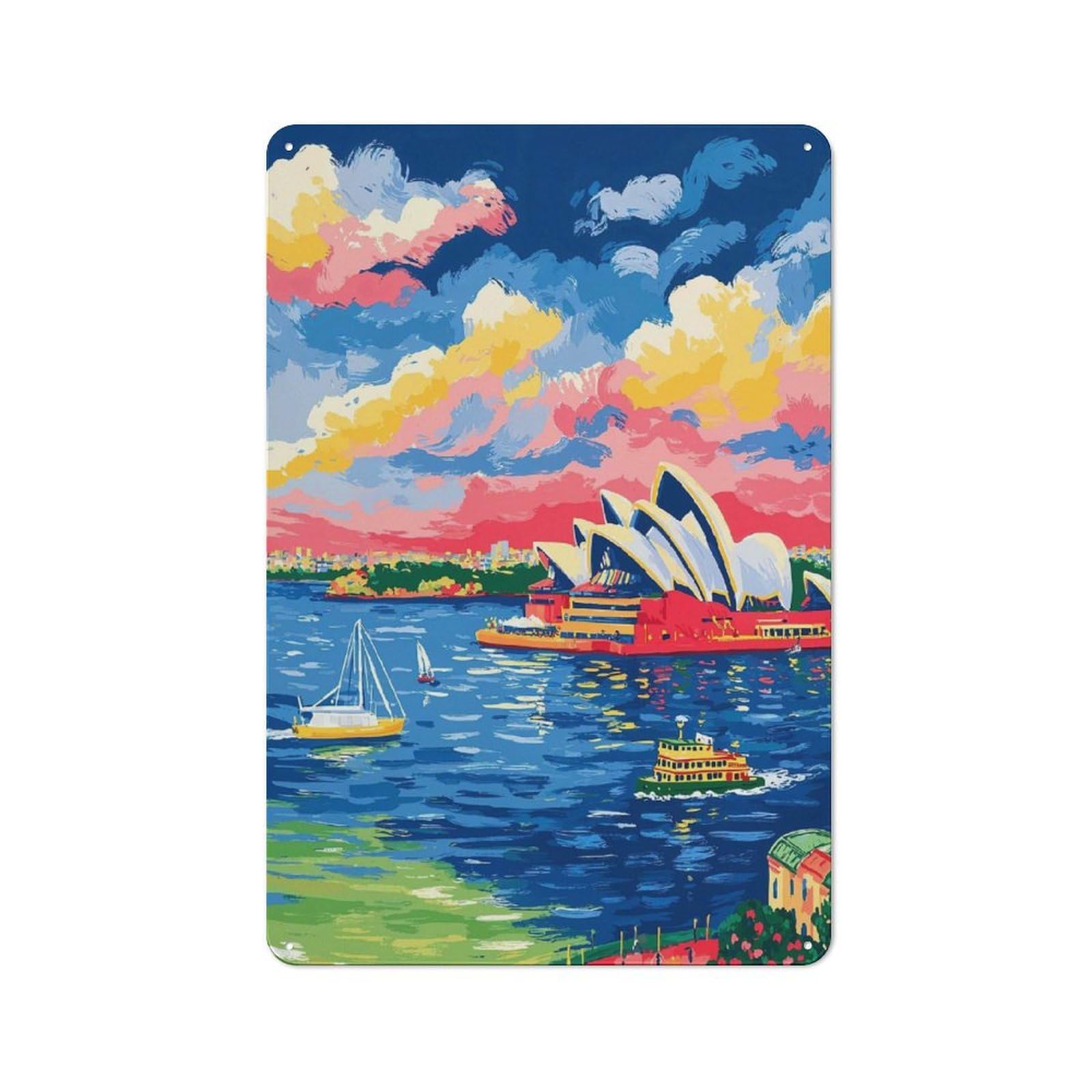 Junmoney Sydney Opera House Colorful Painting Vintage Metal Sign 30X20cm For Lounge Or Reading Corner, For Garage, Workshop And Man Cave Decoration