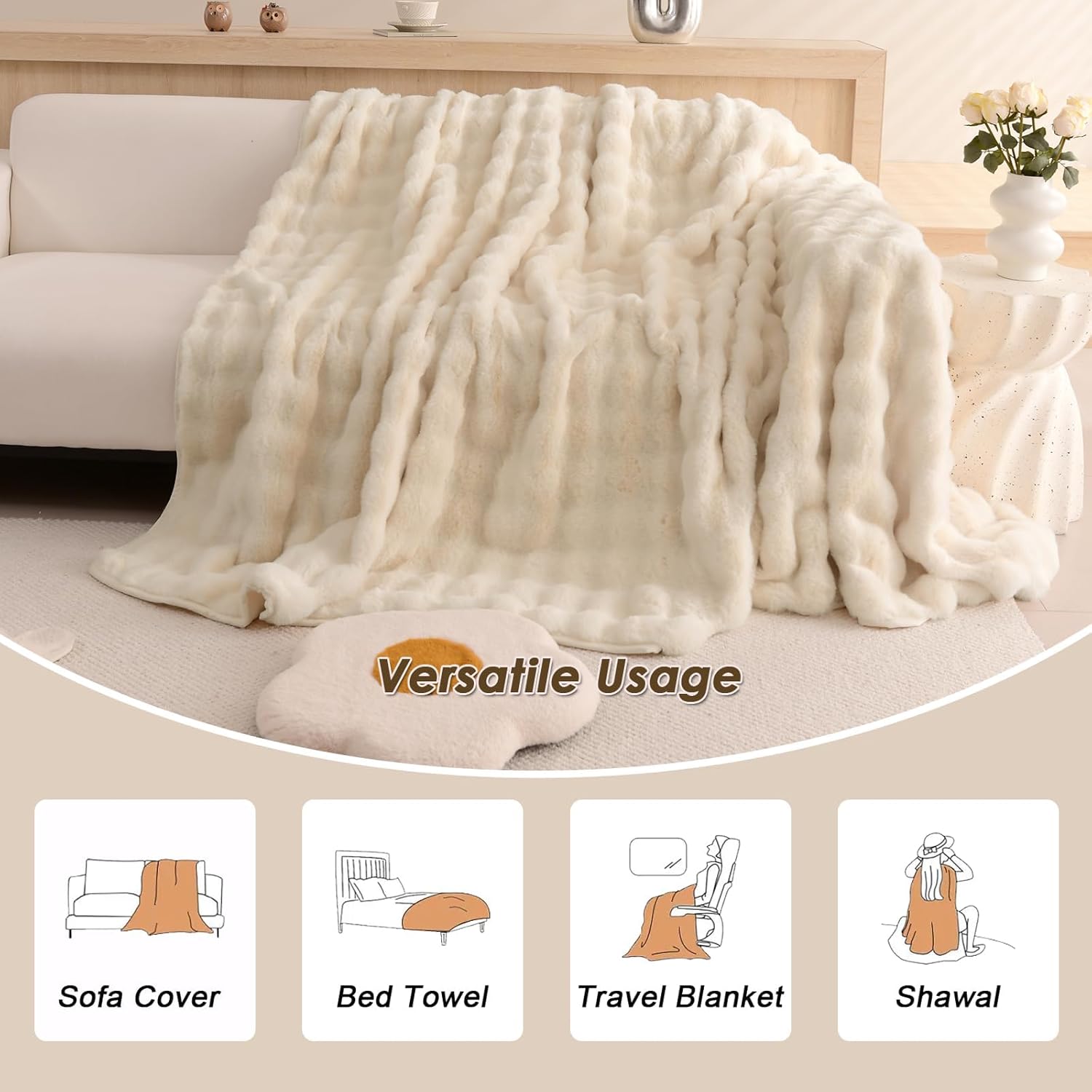 VM VOUGEMARKET Armchair Couch Cover Cream White Faux Fur Fleece Small Loveseat Sofa Cover Plush Recliner Cover Fluffy Fuzzy Throw Blanket for Bed Sofa Couch-71" x 102"