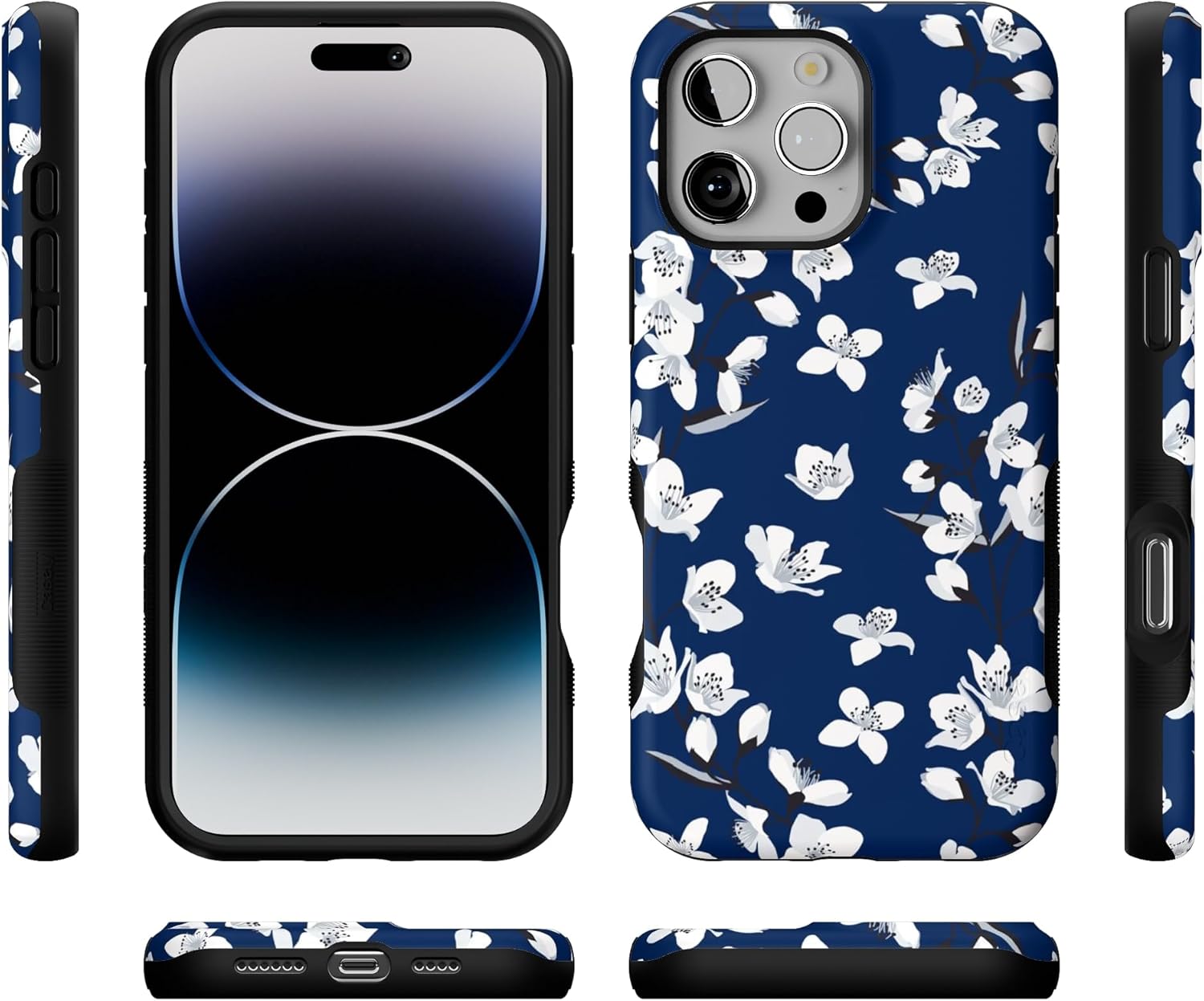 Casely iPhone 16 Pro Max Case | Floral Forest | Navy Cherry Blossom Floral | Bold Protective Design | Compatible with MagSafe