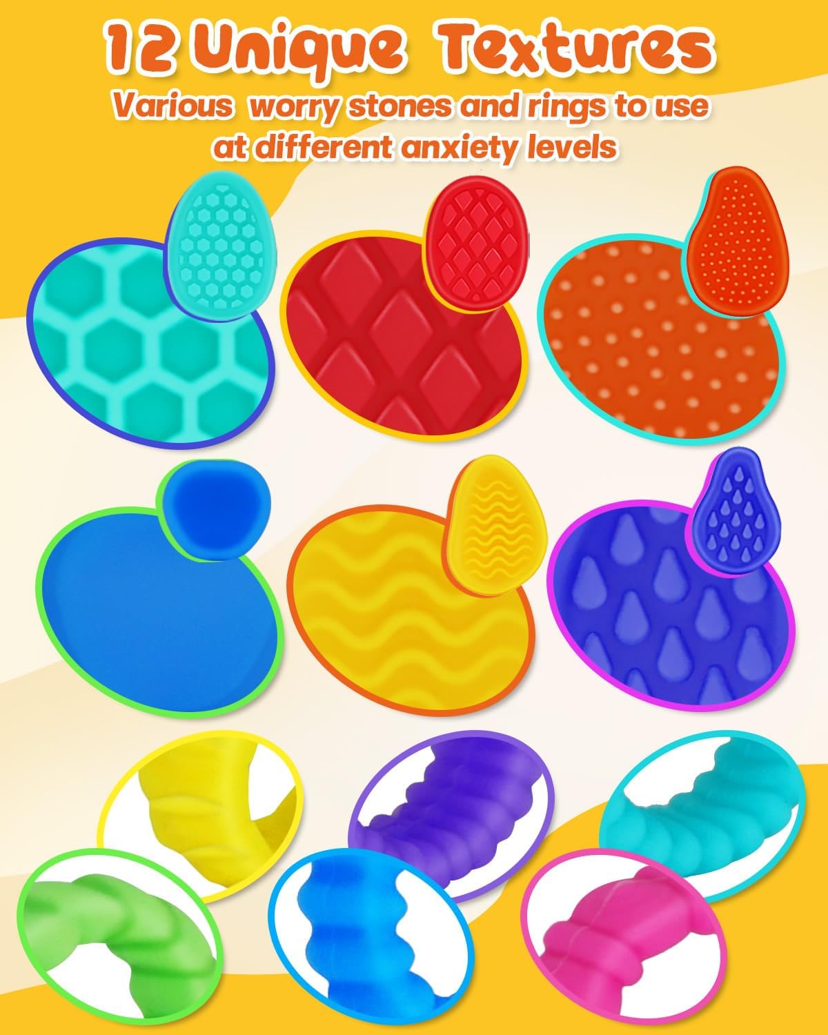 Fidget Sensory Stone Toys for Kids & Adults, 12 Pack Soft Textured Worry Stone & Ring, Calming Tools for Autism ADHD Anxiety Relief, Quiet Stress Relief Toy, Party Favor or Basket Stuffer Gift