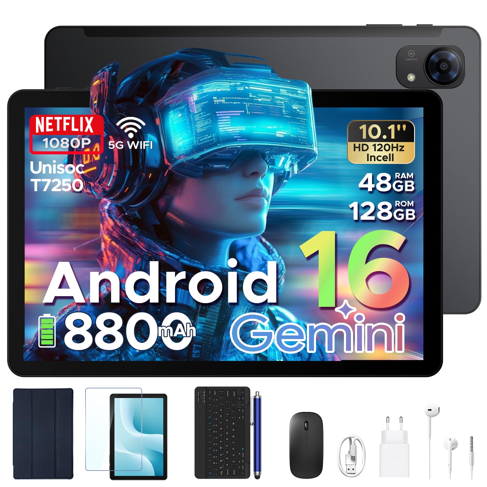 P10 Pro Tablet 10 Pulgadas, Tablets Android 16 con 120Hz Display, 8800mAh, 48GB+128GB/2TB, T7250 Octa-Core, Widevine L1, Gemini AI, 13MP+5MP, Auriculares 3.5mm, Tablet con Teclado y Lápiz, Negro