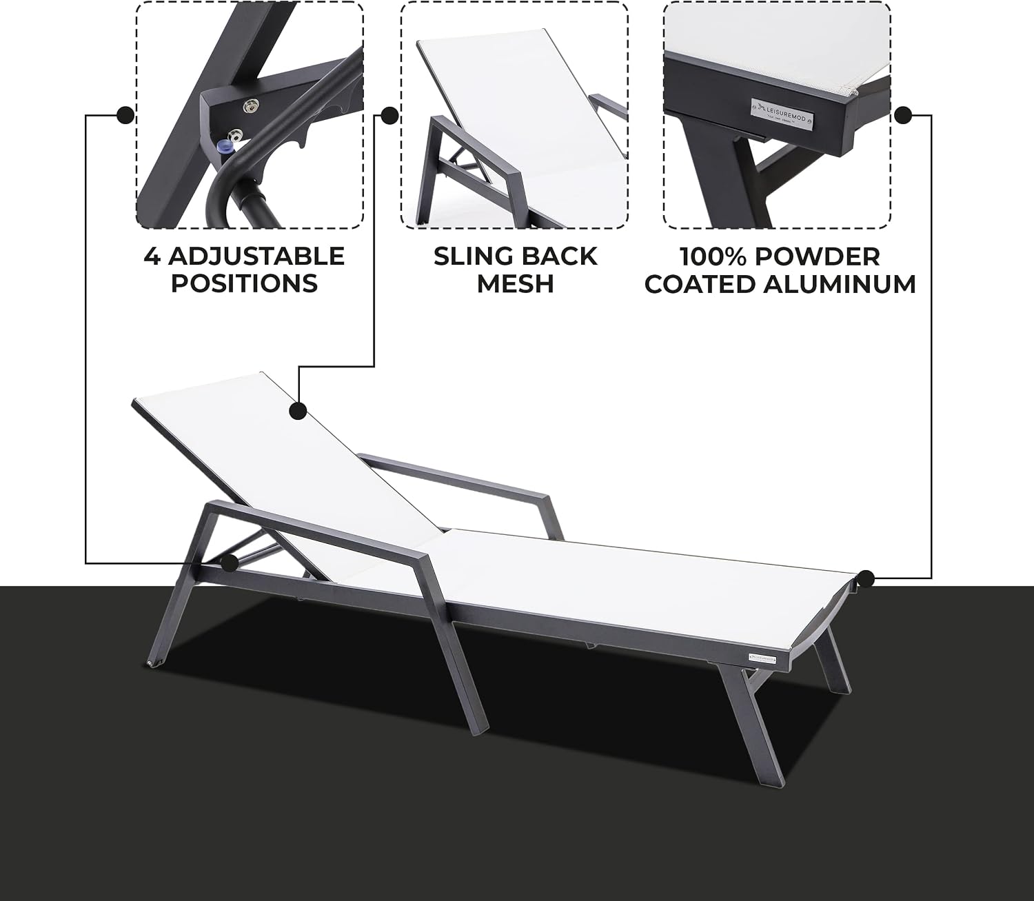 LeisureMod Marlin Patio Chaise Lounge Chair, Adjustable Outdoor Black Aluminum Lounge with Breathable Mesh Sling Back, Lightweight Poolside Reclining Sun Lounger Weather & UV Resistant (White)