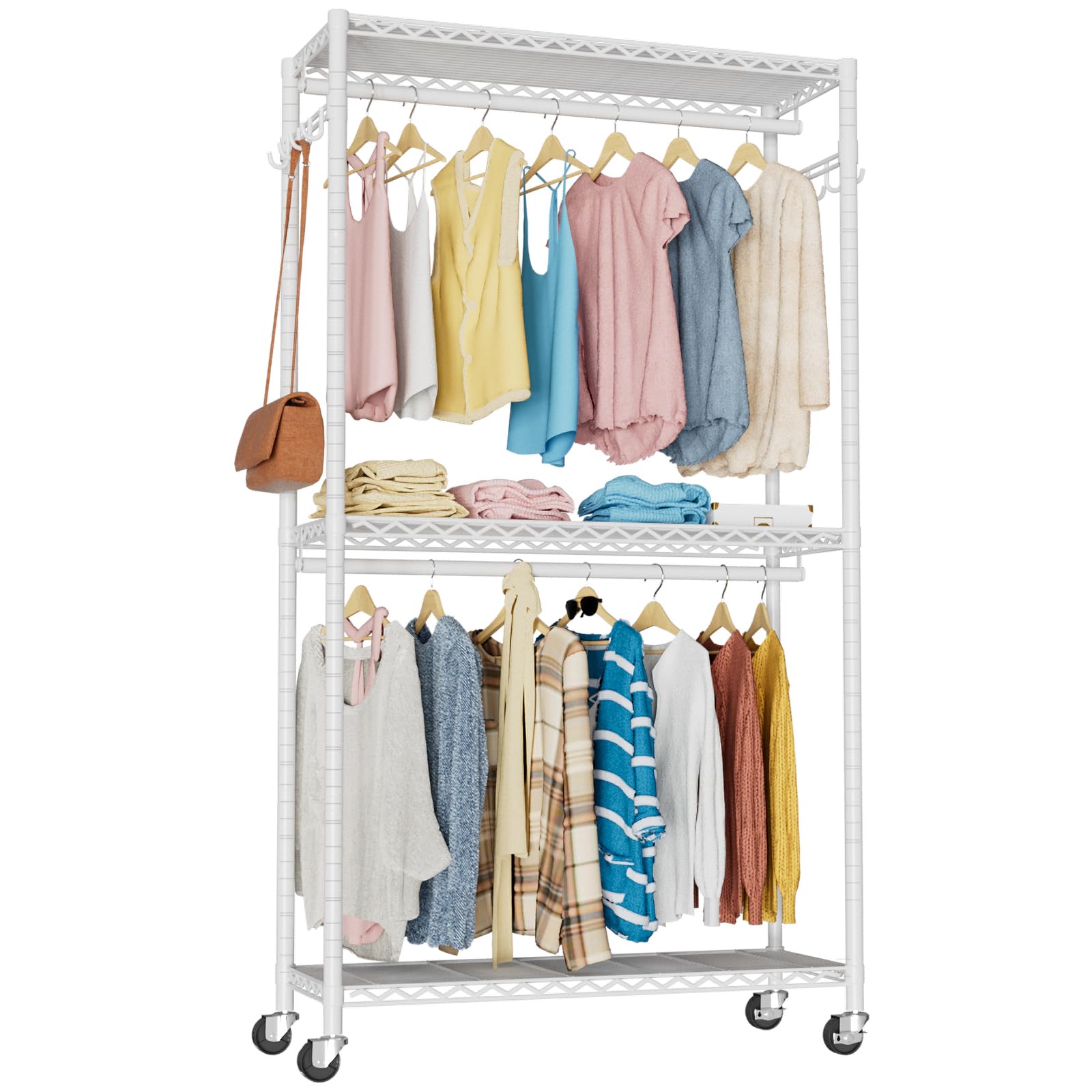 VyGrow Clothes Rail, Clothes Rack for Hanging Clothes, 3 Tiers Adjustable Heavy Duty Closet Organizer with Wheels | Double Rods | Side Hooks | Load 445lbs | 35.43" L x 15.7" W x 78.34" H | White