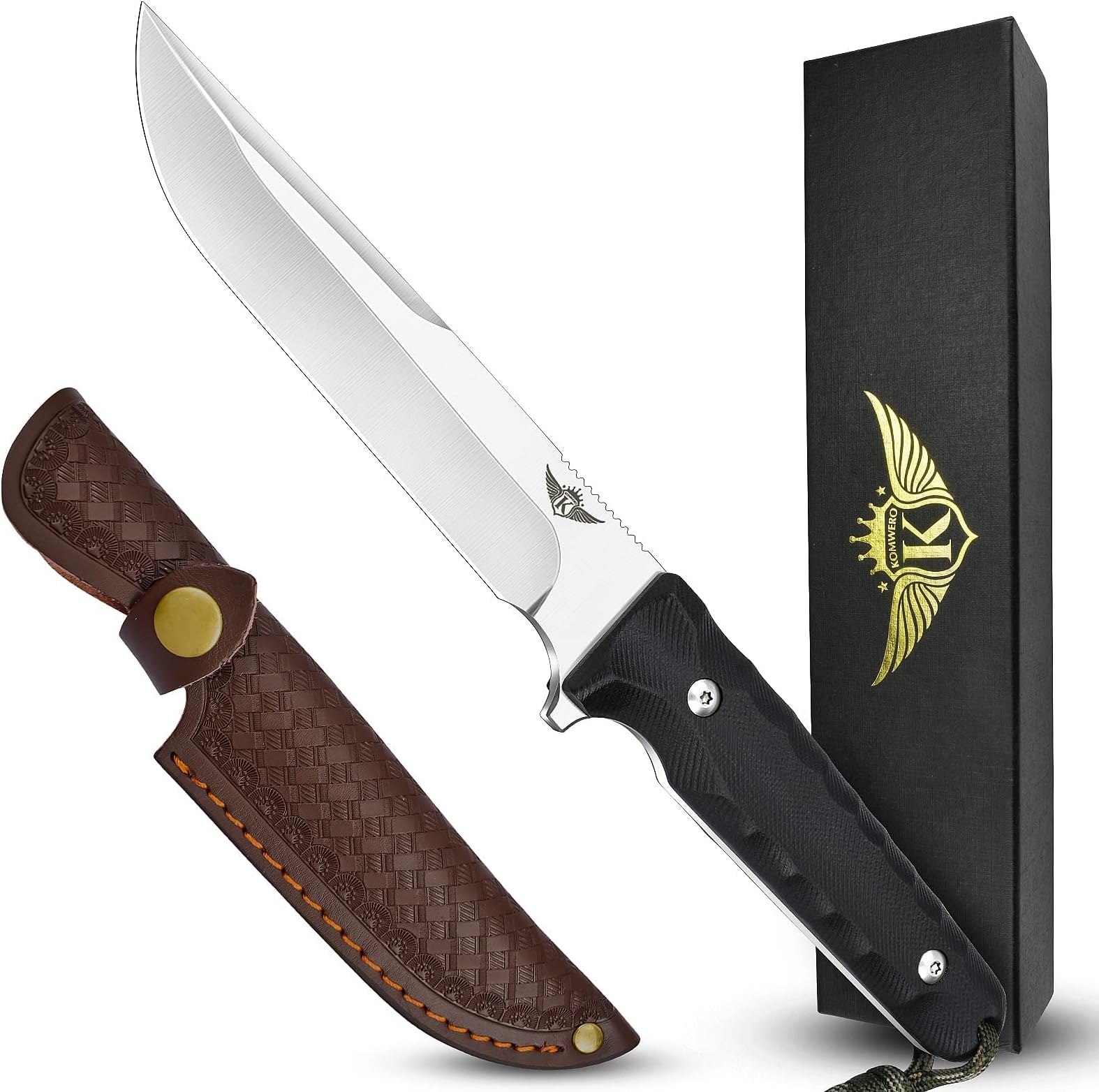 KOMWERO Fixed Blade Knife with Leather Sheath, D2 Steel Full Tang Hunting Knife, Non-Slip G10 Handle, EDC Survival Camping Knife for Outdoor Fishing Hiking