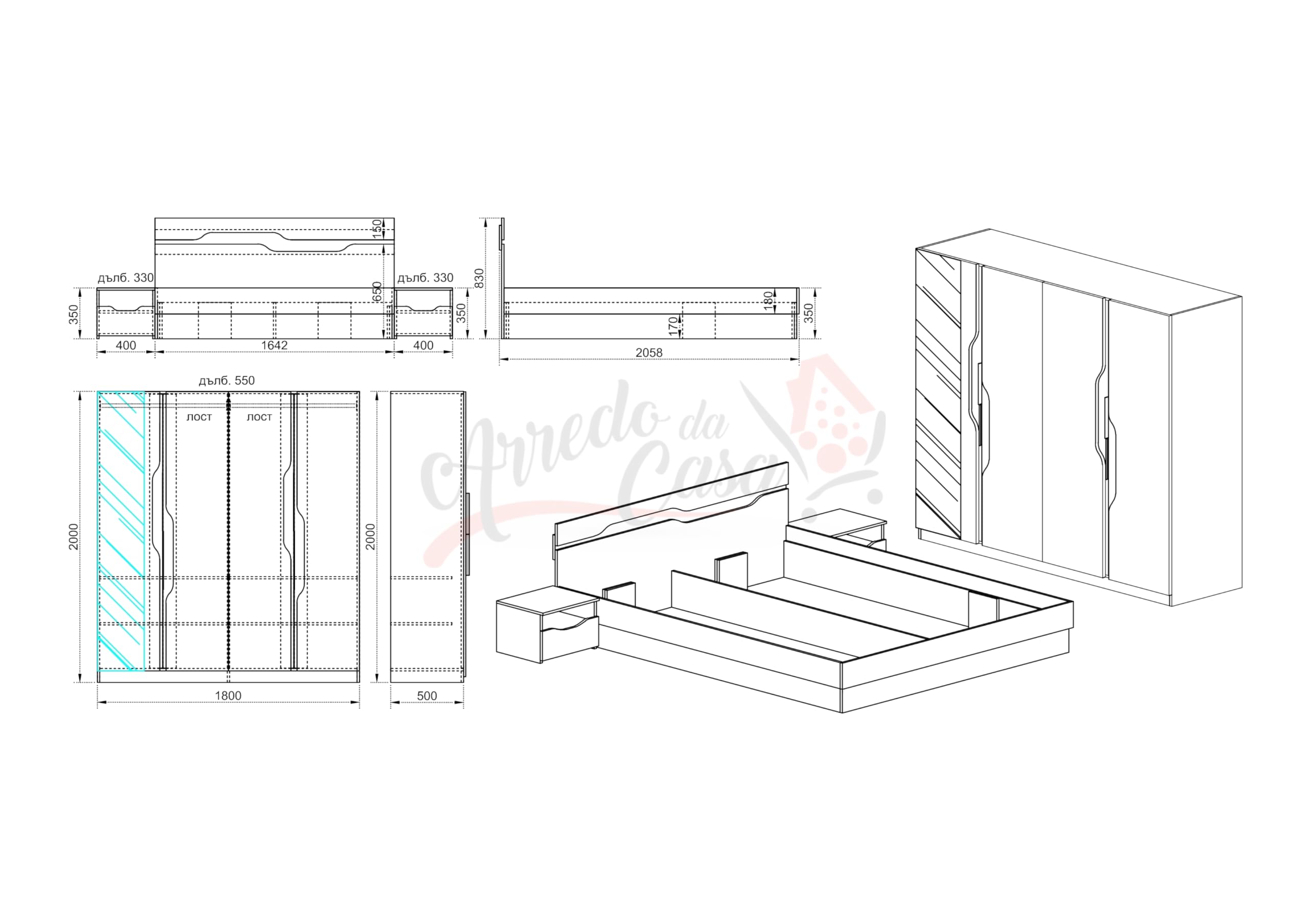 Camera da Letto Completa con Armadio a 4 Ante Battenti Letto Matrimoniale Contenitore con 2 Comodini Set Arredo Camera Moderno Bianca e Nera CDLI7013 (camera + rete + materasso)