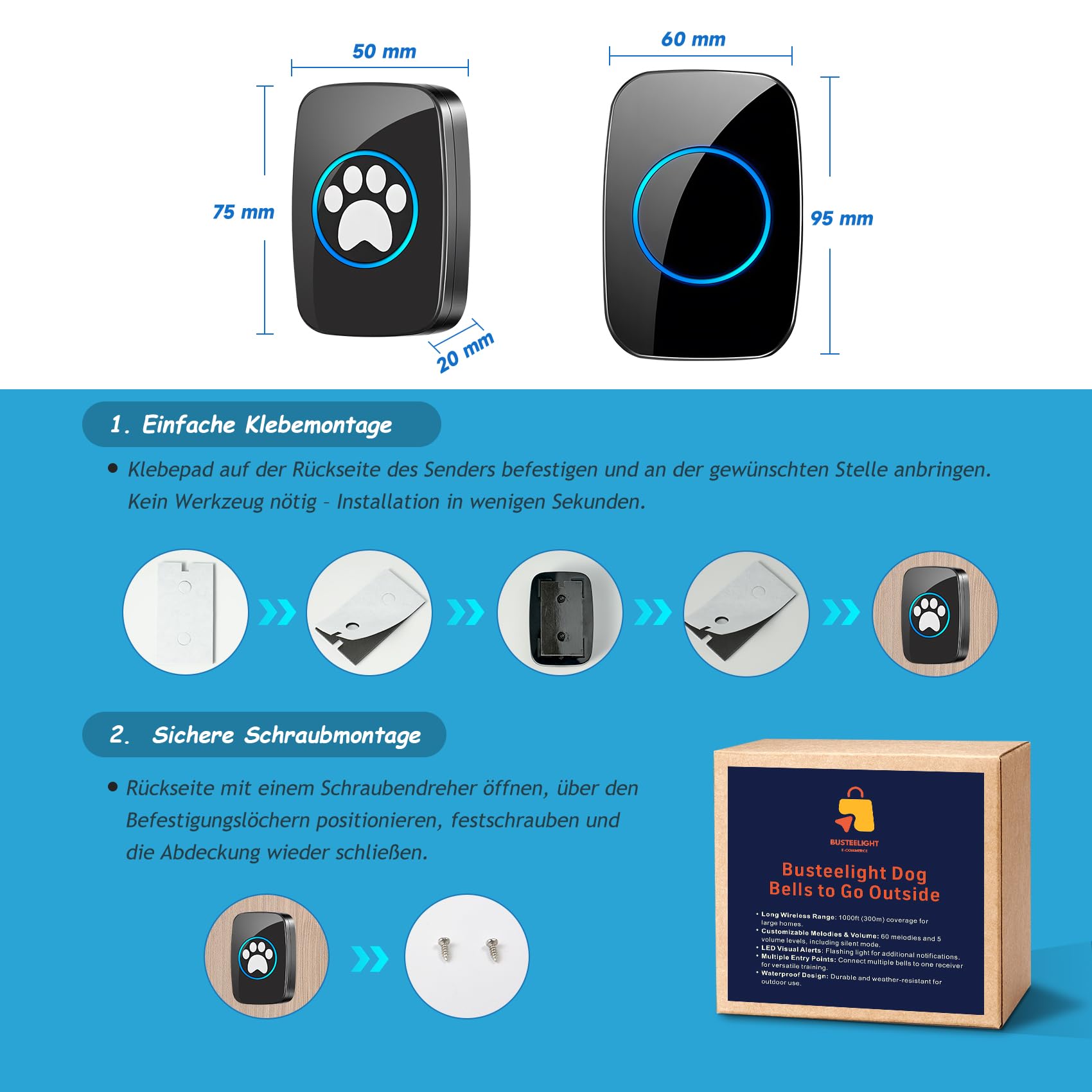 A10 Katzenklingel & Hundeklingel – Kabellose Türklingel, 300 m, LED, 60 Melodien, Wasserdicht, Buzzer Hund, Katzenglocke, Katzen Klingel Tür Außenbereich (1 Klingeltaster + 1 Empfänger)