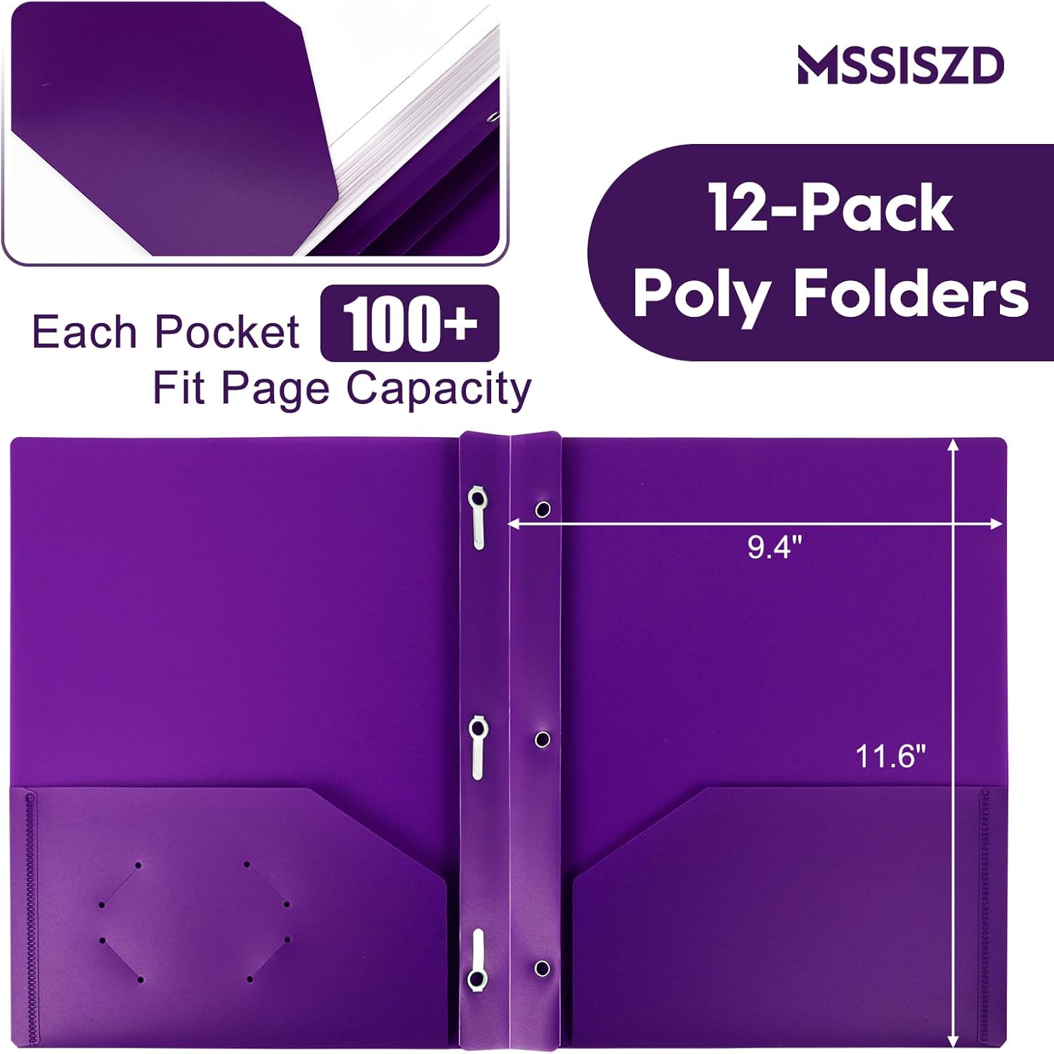 24-Pack Plastic Folders with Pockets and Prongs,2-Pocket Folders with 3 Fasteners, Holds 8-1/2" x 11" Paper for School/Office/Home, Purple