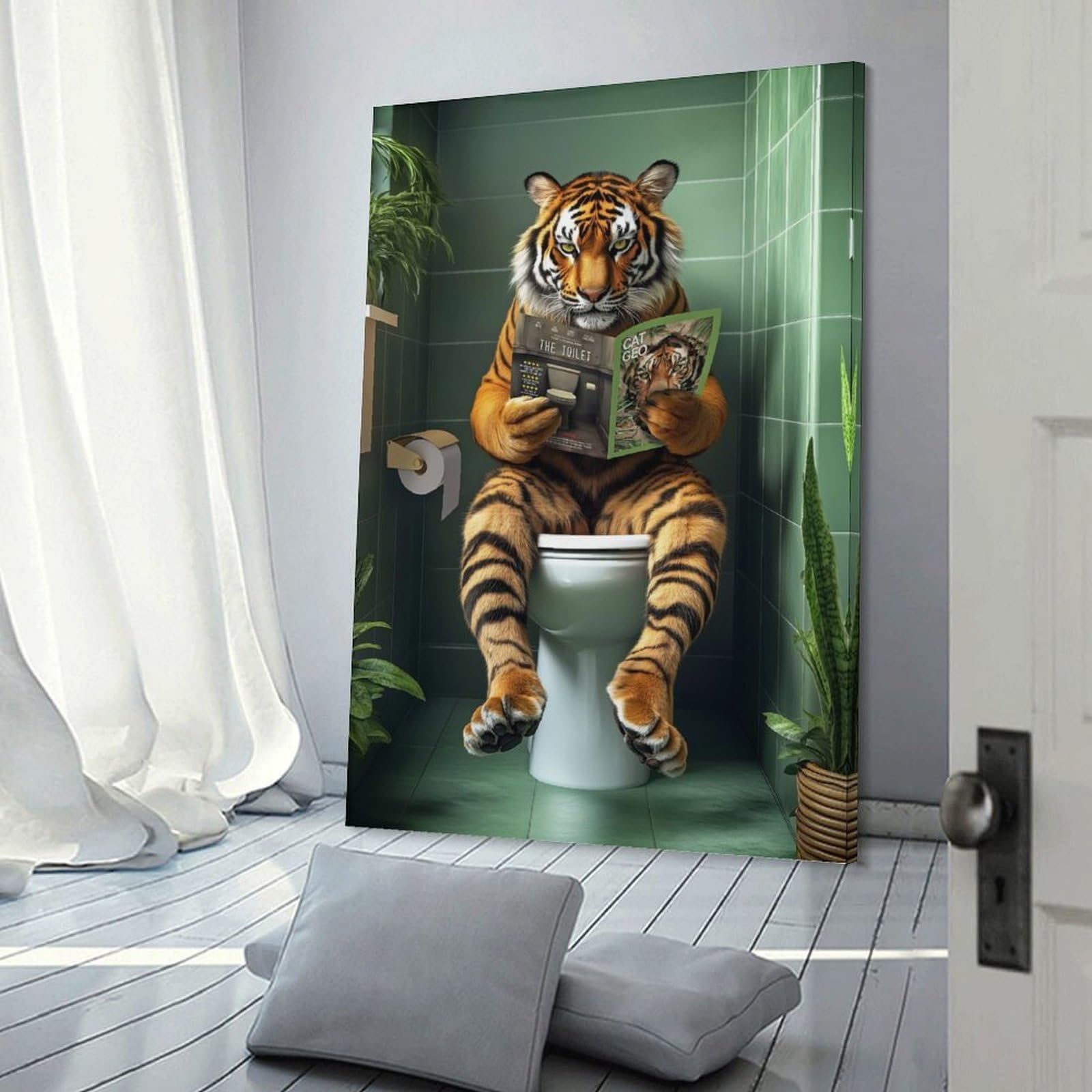 Junmoney Canvas Wall Decor Tiger on The Toilet, 24x36inch(60x90cm), for Flats, Guest Rooms Or Compact Rooms, Wall Decor with Flexible Room Appeal