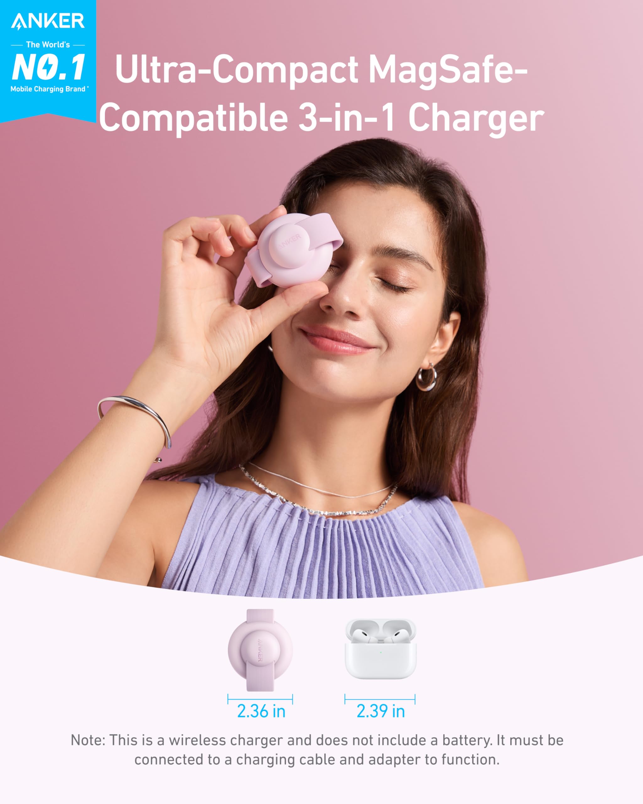 Stazione di ricarica wireless 3-in-1 Anker MagGo 15W, compatibile con MagSafe, certificato Qi2, pieghevole e portatile per iPhone 15/14/13/12, AirPods, Apple Watch e altro (caricatore USB-C incluso)