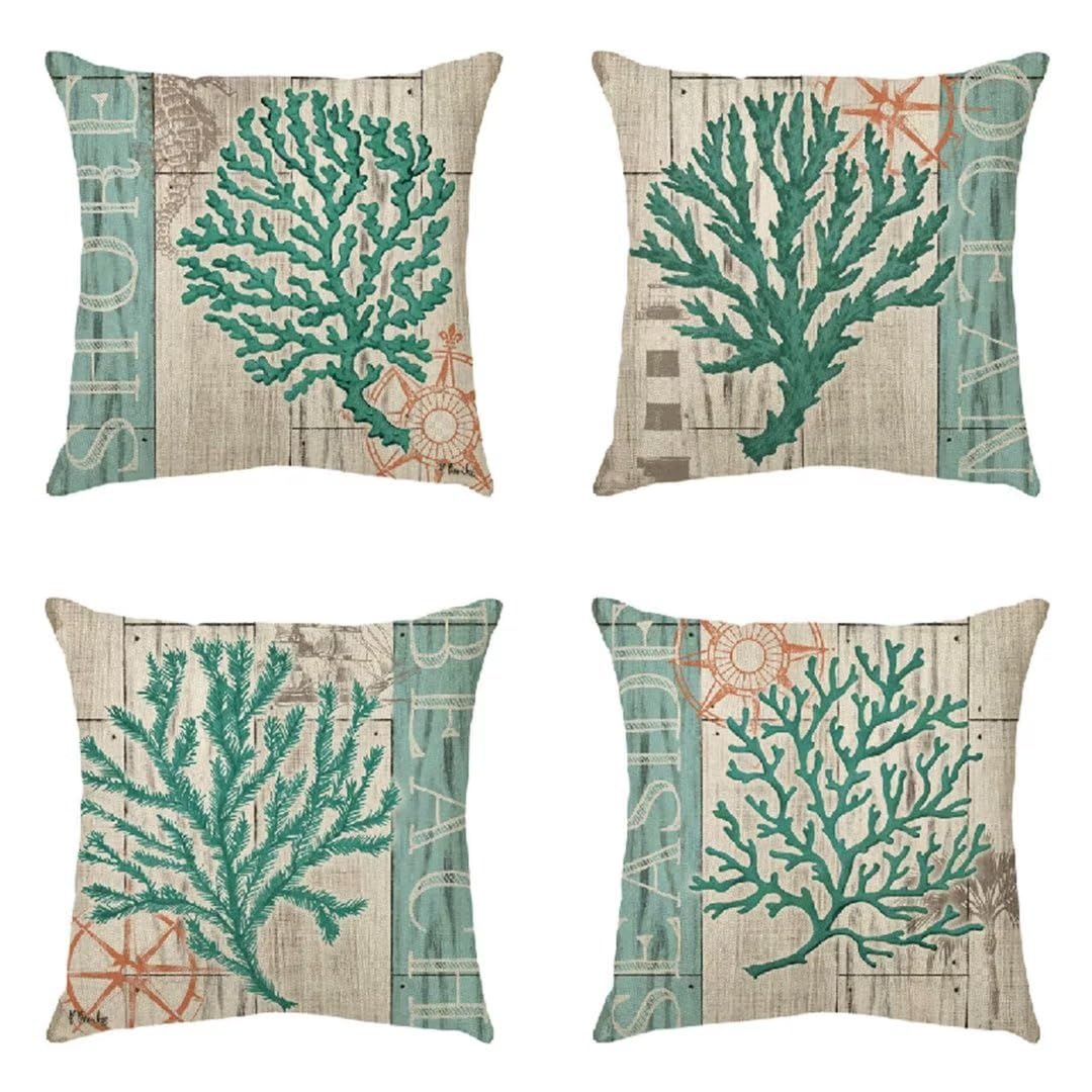 Funda de Almohada 50x50 cm Coral Petróleo Fundas Cojines Sofa Juego de 4 Funda Cojin Super Suave Almohada Cojin, Playa Funda Cojines Cama con Cremallera Oculta para Sala de Estar Sofá Dormitorio R605