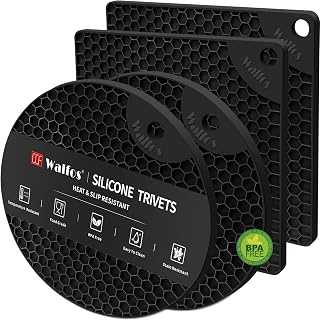 Walfos 4-Pack Silicone Trivet Mats - Heat Resistant Non-Slip Hot Pads, Pot Holders, Jar Opener, BPA-Free Black Trivets