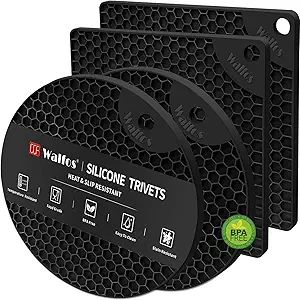 Walfos Silicone Trivet Mats - 4 Heat Resistant Pot Holders, Multipurpose Non-Slip Hot Pads for Kitchen Potholders, Hot Dishers, Jar Opener, Spoon Holder, Food Grade Silicone & BPA Free (Black)
