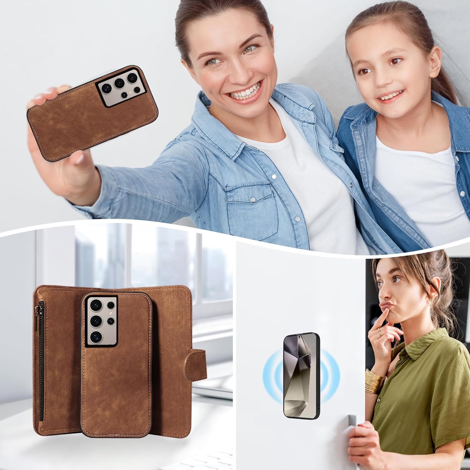 Asuwish Phone Case for Samsung Galaxy S24 Ultra 5G Zipper Wallet Detachable Magnetic Cover with Tempered Glass Screen Protector Crossbody Lanyard Card Holder Slot S24Ultra 24S S 24 24Ultra Girls Brown