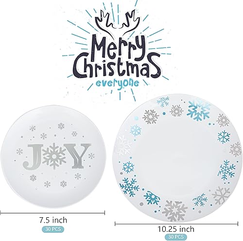 Miniatura 4 de 60 platos desechables para 30 invitados, 30 platos llanos blancos con copo de nieve azul plateado, 30 platos de plástico con plata, juego de vajilla