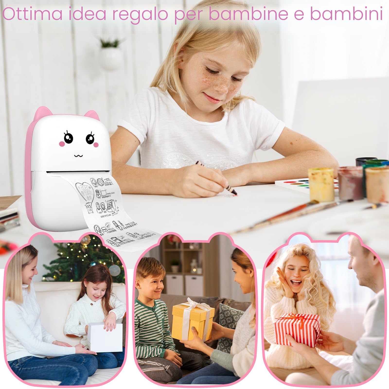 Mini Stampante Termica Portatile Bluetooth Senza Inchiostro per Smartphone, Stampa Foto, Etichette, Adesivi, Idea Regalo DIY (rosa)