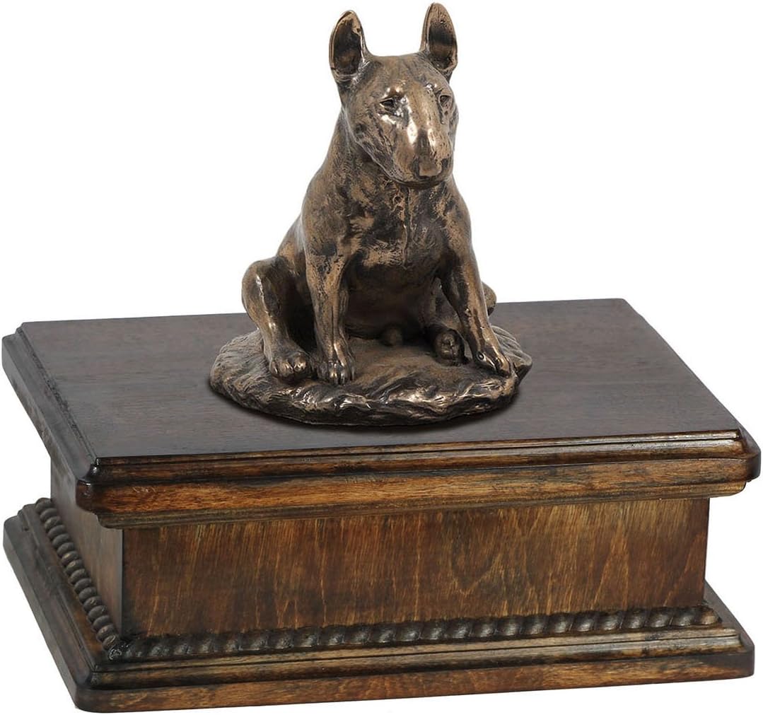 Art-Dog Custom Dog Mama Sitting Statue Memorial Urn - Handmade Cold Cast Bronze on Birch Base – Sturdy and Stylish Urn for Dog’s Ashes – 24,5x29x21cm – 5l – Bull Terrier IV