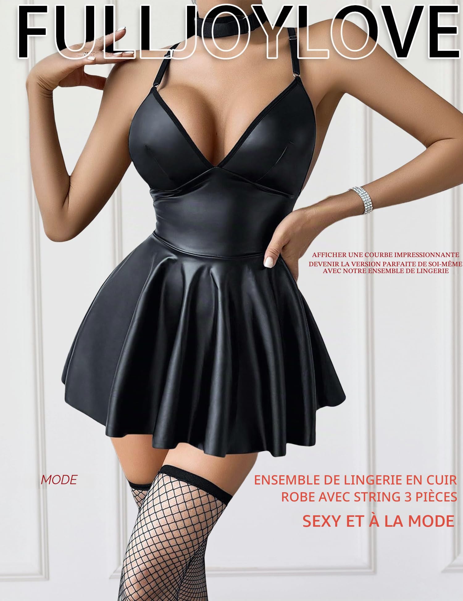 Ensemble Lingerie en Cuir Simulé pour Femme Grande Taille Robe Bodycon Effet Mouillé Dos Nuo et Col en V Style Babydoll pour Soirée S-3XL