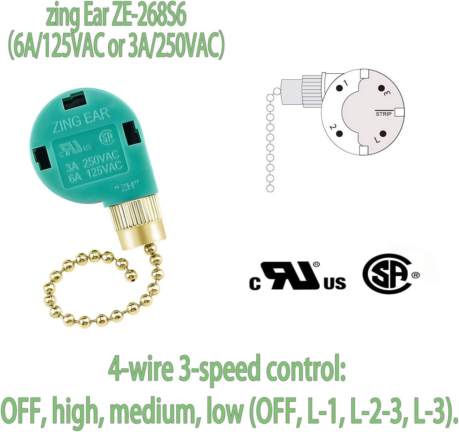 ZE-268s6 Ceiling Fan Switch Zing Ear Gold Pull Chain 3 Speed 4 Wire (2 Pack) for Ceiling Fans, Wall Lamps, Cabinet Light by Cenipar