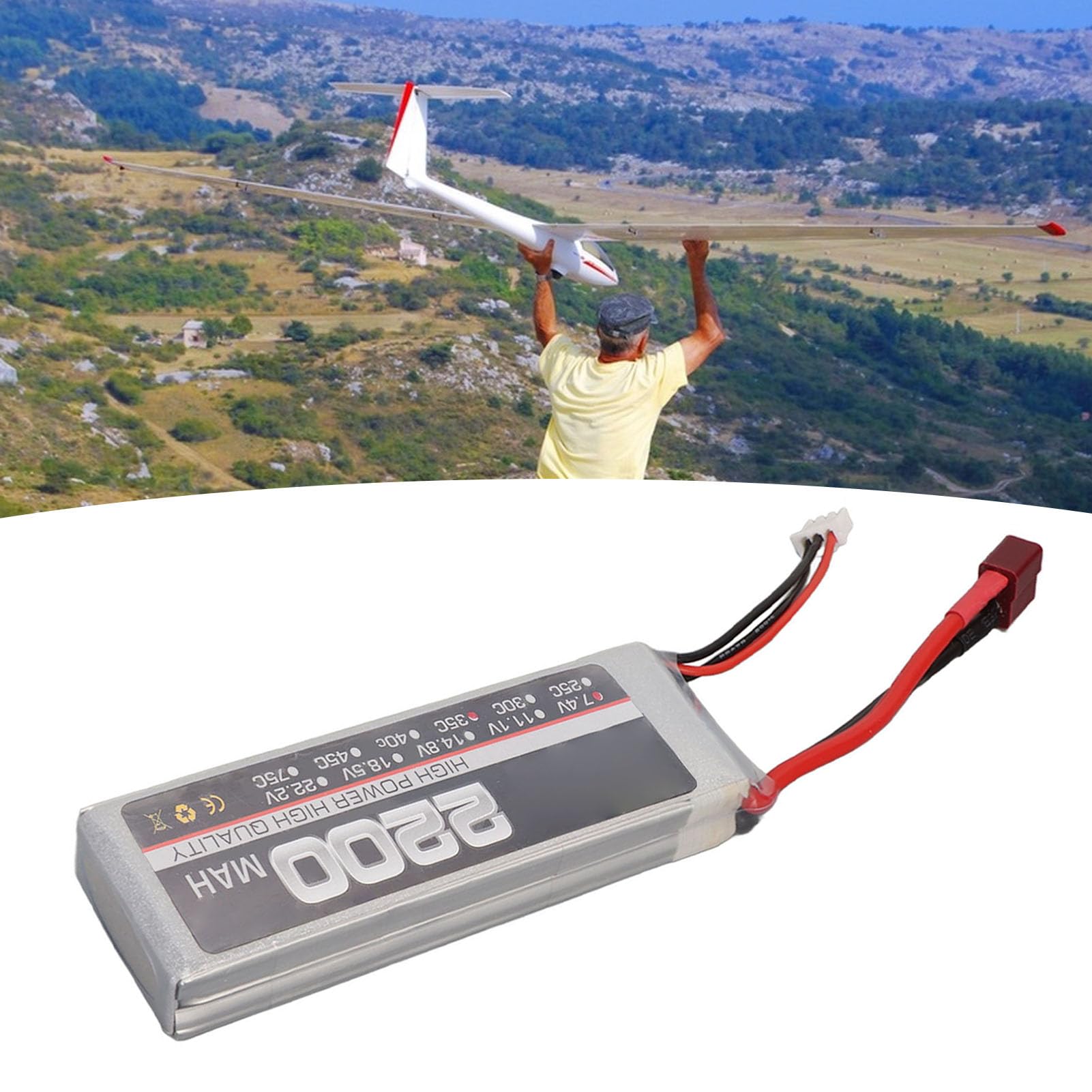 Batería Lipo De 7.4 V 2200 MAh, 2S 7.4 V 2200 MAh 8C Lipo Batería Ligera Sobrecarga De Cortocircuito Para T6J T8FG 12FG Control Remoto