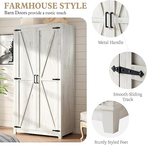 Miniatura 4 de Juego de 2 armarios grandes de 1,78 m con barra para colgar, armario de almacenamiento de ropa de estilo granja con 2 puertas de granero, armarios