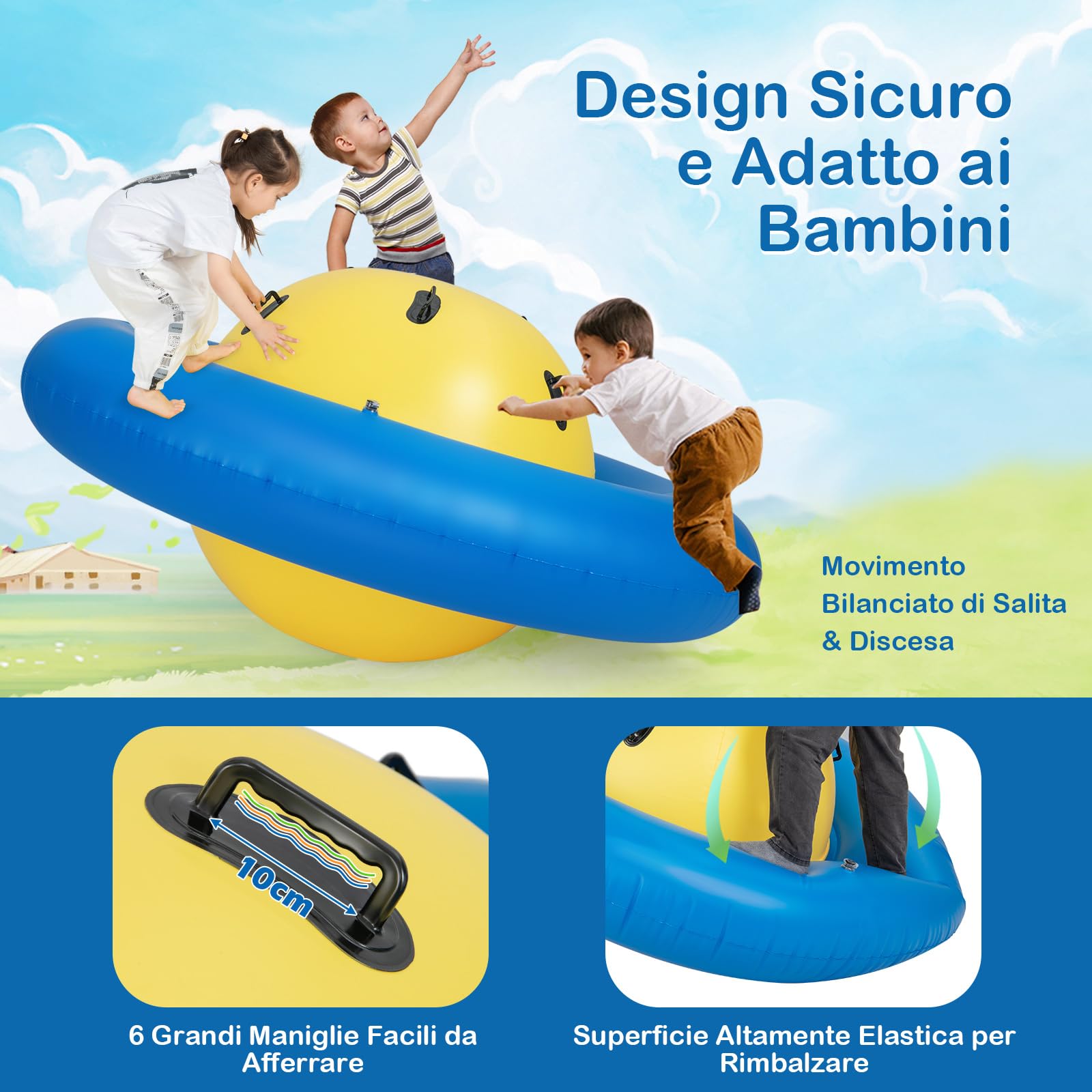 COSTWAY Giostra Gonfiabile a Pianeta per Bambini da 223CM per Inclinare, Arrampicarsi e Saltare con 6 Maniglie Incorporate, Giocattolo Spaziale per Esterno per Bambini dai 5 Anni+ (Giallo+Blu)
