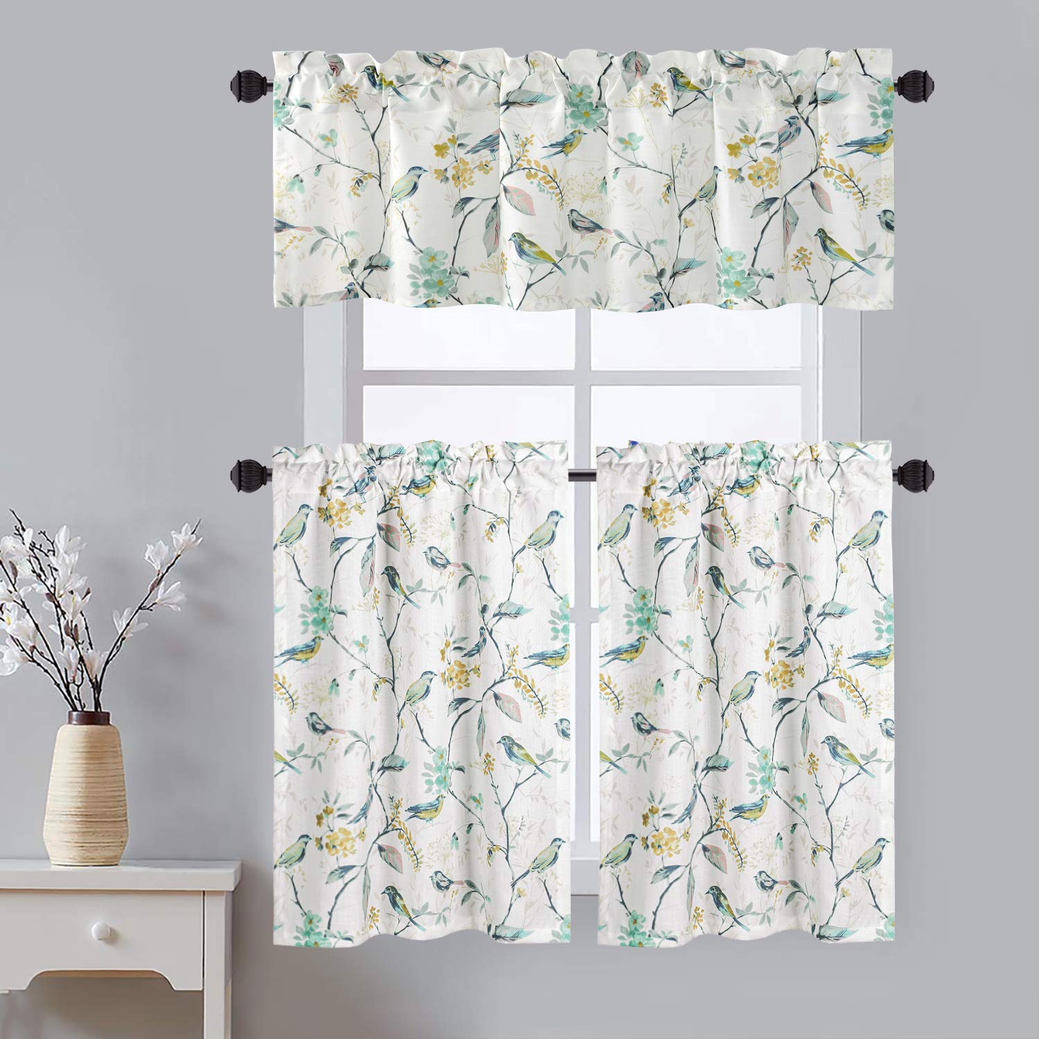VOGOLRod Pocket Kitchen Tier Valances Set for Windows, Bird Printed Window Treatment Curtains Tiers Valance, 52x18 & 30x36, 3 Panels