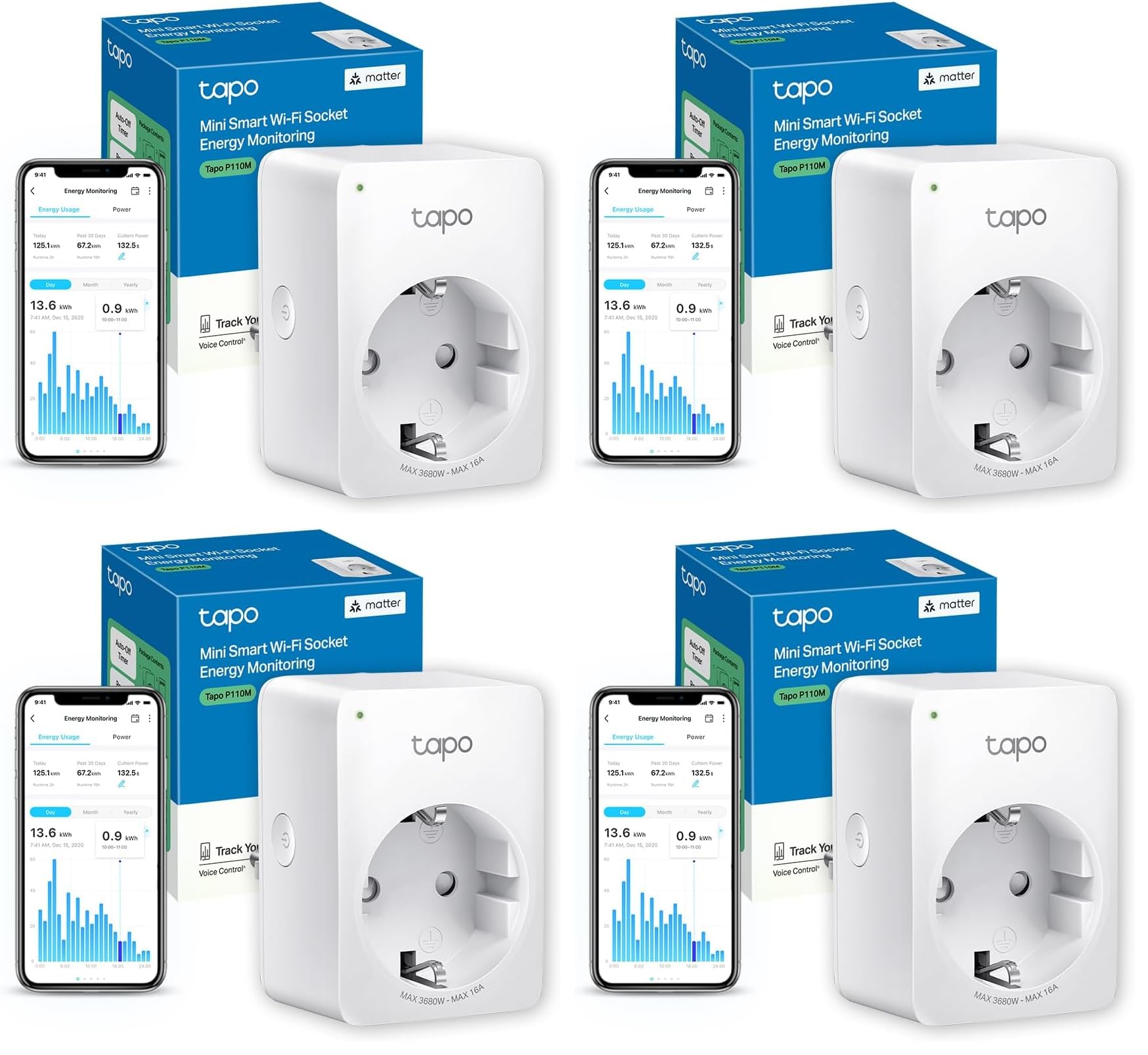 Tapo Matter Prise Connect√©e WiFi, Suivi de consommation, 16A Type F, Compatible avec Alexa, Google Home et SmartThings, Contr√іler Le radiateur, Le Chauffage, √Йconomie d'√©nergie, Tapo P110M