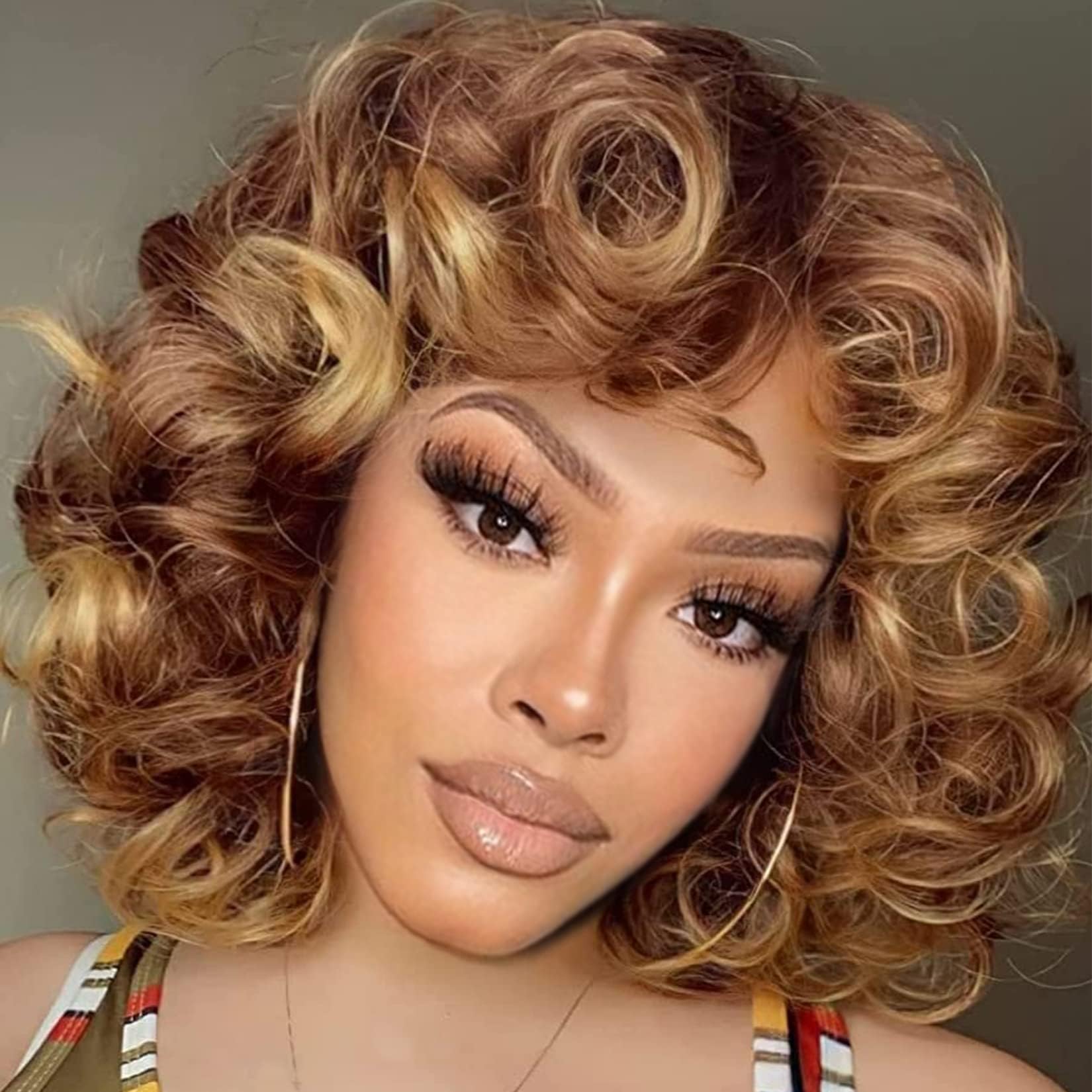 andromeda Short Curly Wigs for Black Women Soft Brown Blonde Big Curly Wig with Bangs Afro Kinky Curls Heat Resistant Daily Synthetic Wig for African American Women (T27)