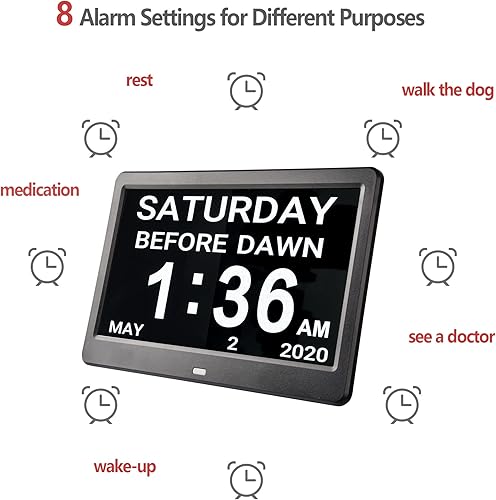 Miniatura 2 de Yescom Reloj de día digital de 10 "con pantalla grande, 8 alarmas, demencia, calendario, para personas mayores, con problemas de visión, color negro
