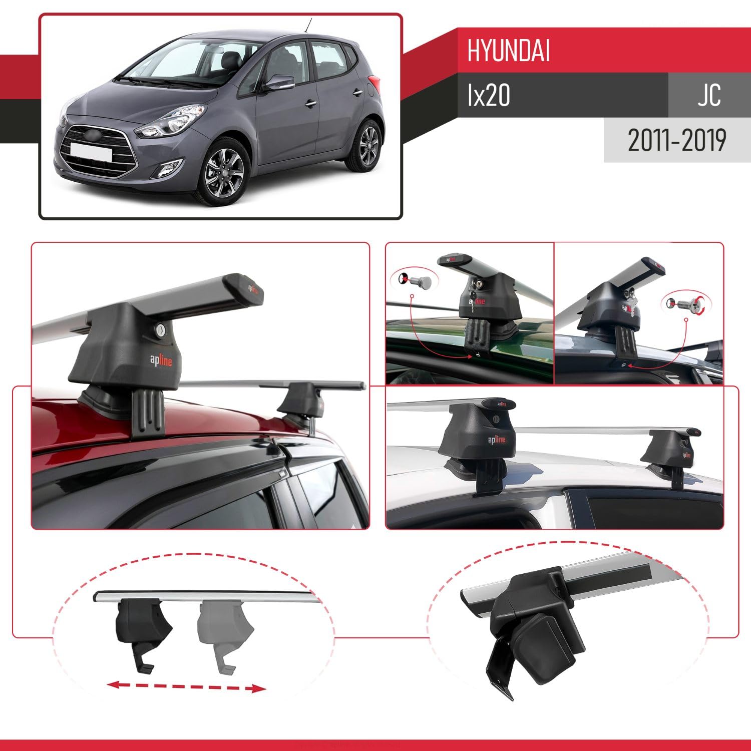 Kompatybilny z Compatible with Hyundai ix20 (JC) 2011-2019 ACE-4 Model Aluminiowy bagażnik dachowy 2 poprzeczki, szary