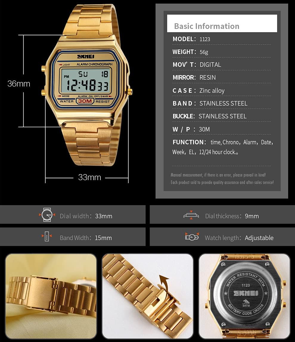 MASTOP Women's Classic Simple Petite Electronic Quartz Watch Stainless Steel Square Slim Led Digital Watch 1123 Gold image 4 of 7 B07T2G6DW7