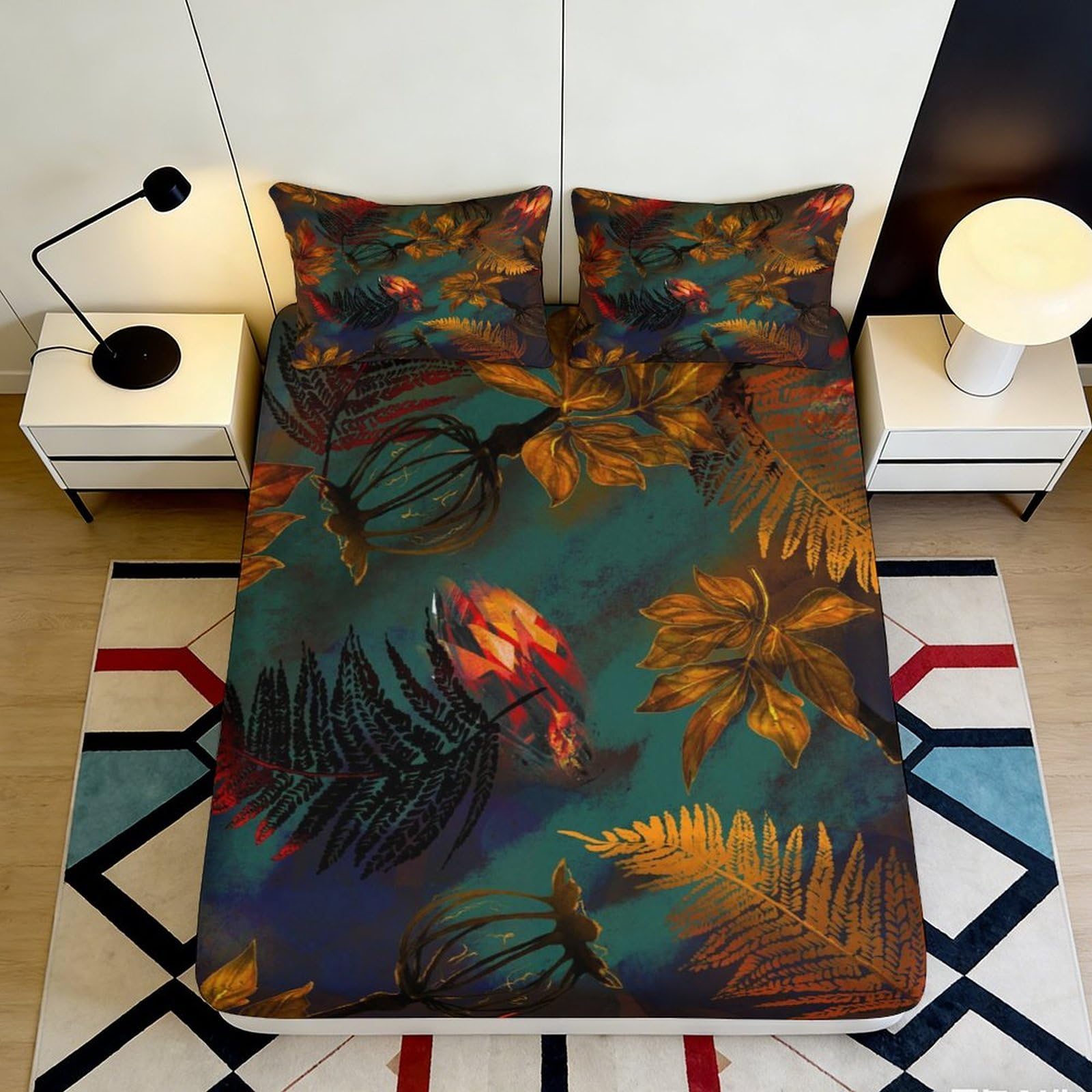 3D Printed Autumn Leaves Fitted Sheet Microfiber Soft Breathable Botanical Fern Mattress Cover for Bedroom Decor 90x200x25cm
