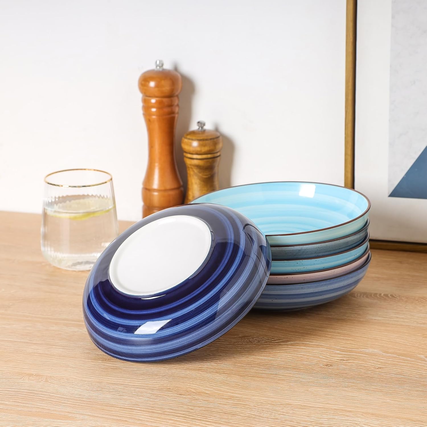 KitchenTour Large Pasta Bowls 34 oz, Ceramic Salad Serving Bowls Set of 6, 8.6 Inch Wide and Shallow for Soup- Dishwasher and Microwave Safe, Assorted Cool Colors