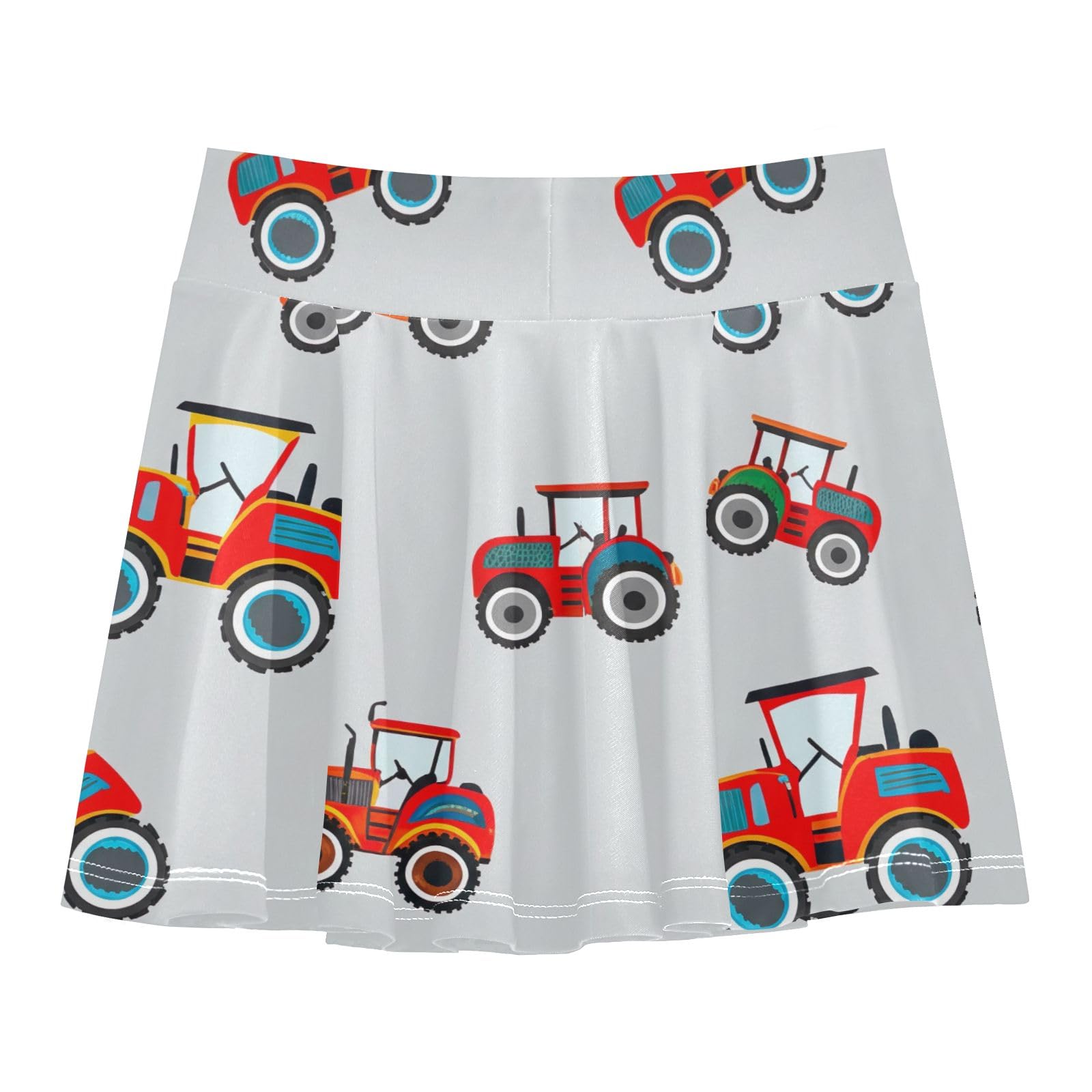 CHIFIGNO Girls Flowy Skirt with Shorts Tennis Athletic Skort Active Running Skirts Cute Cartoon Tractors Grey Size 5-6