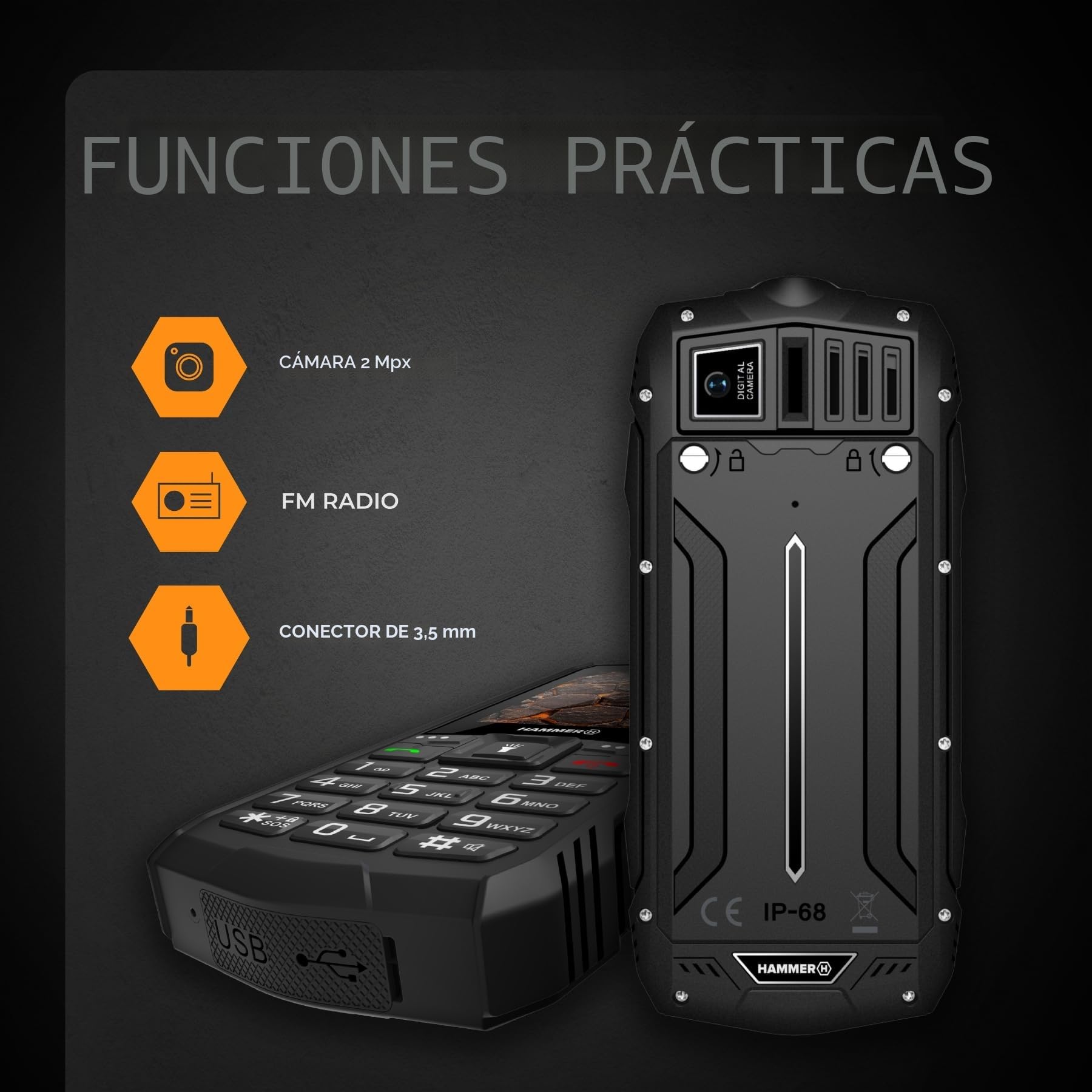 Hammer H Rock LTE Móvil Irrompible, Batería 3000 mAh, 64 GB, Pantalla IPS 2,4", Teclas Grandes, Botón SOS, Linterna, Radio FM, Bluetooth, USB-C, Dual SIM, IP68/MIL‑STD‑810H, Negro
