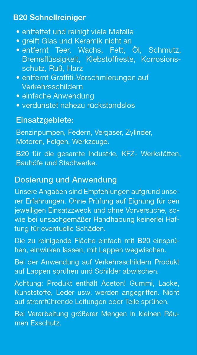 B20 Schnellreiniger - der Allrounder für den gesamten Werkstattbereich, 9X 400 ml │ Bremsenreiniger Teilereiniger Universalreiniger Kaltreiniger Entfettungsspray Reiniger Entfetter