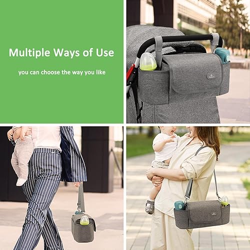 Miniatura 5 de Philorn Bolsa organizadora de cochecito, organizador universal para cochecito con soporte para tazas aislado, organizador de cochecito gris