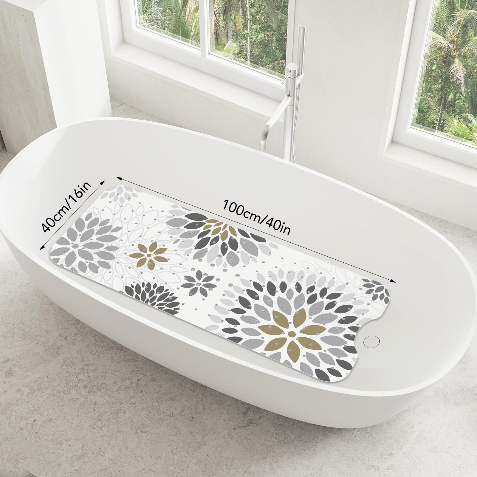 SHUCHING Tapis de Bain Antidérapant pour Adultes, Tapis de Baignoire Antidérapant 100 x 40cm, Tapis de Douche sans BPA Lavable en Machine et Résistant à la Moisissure, Fleurs Grises
