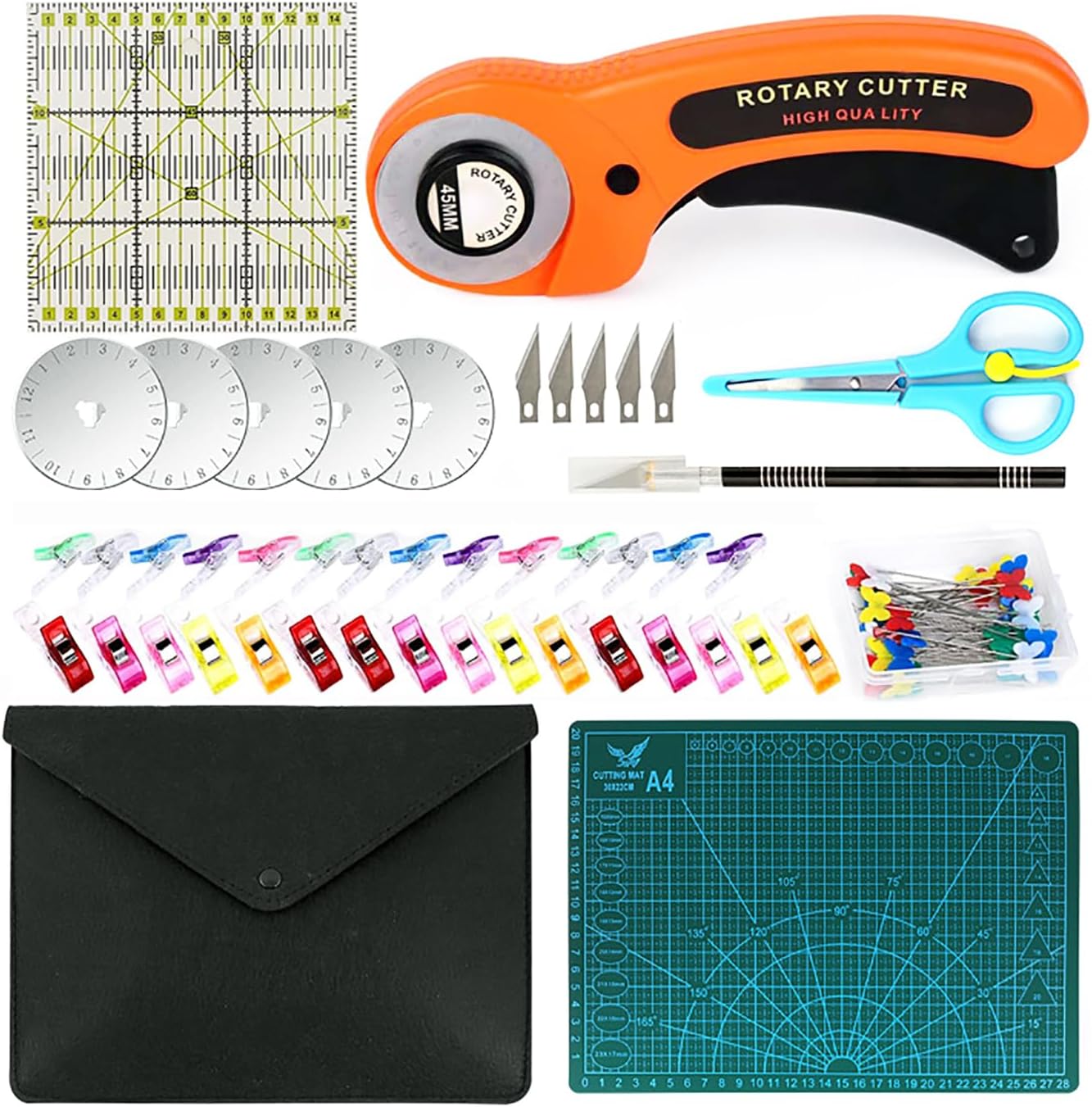 Rotary Cutter Set 96pcs,Quilting Kit Include 45mm Fabric Cutter with 5 Extra Blades,Patchwork Ruler, Needles, Clips & Pins for Sewing, Scrapbooking, Leather Dressmaking