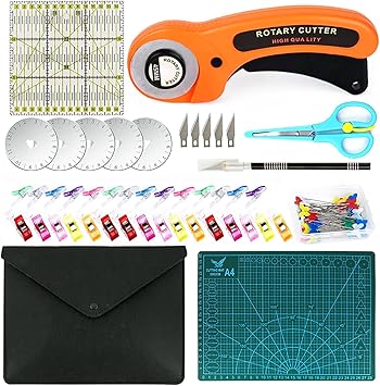 Rotary Cutter Set 96pcs,Quilting Kit Include 45mm Fabric Cutter with 5 Extra Blades,Patchwork Ruler, Needles, Clips & Pins for Sewing, Scrapbooking, Leather Dressmaking